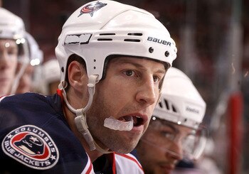 GLENDALE, AZ - MARCH 24:  R.J. Umberger #18 of the Columbus Blue Jackets watches from the bench during the NHL game against the Phoenix Coyotes at Jobing.com Arena on March 24, 2011 in Glendale, Arizona. The Coyotes defeated the Blue Jackets 3-0. (Photo b