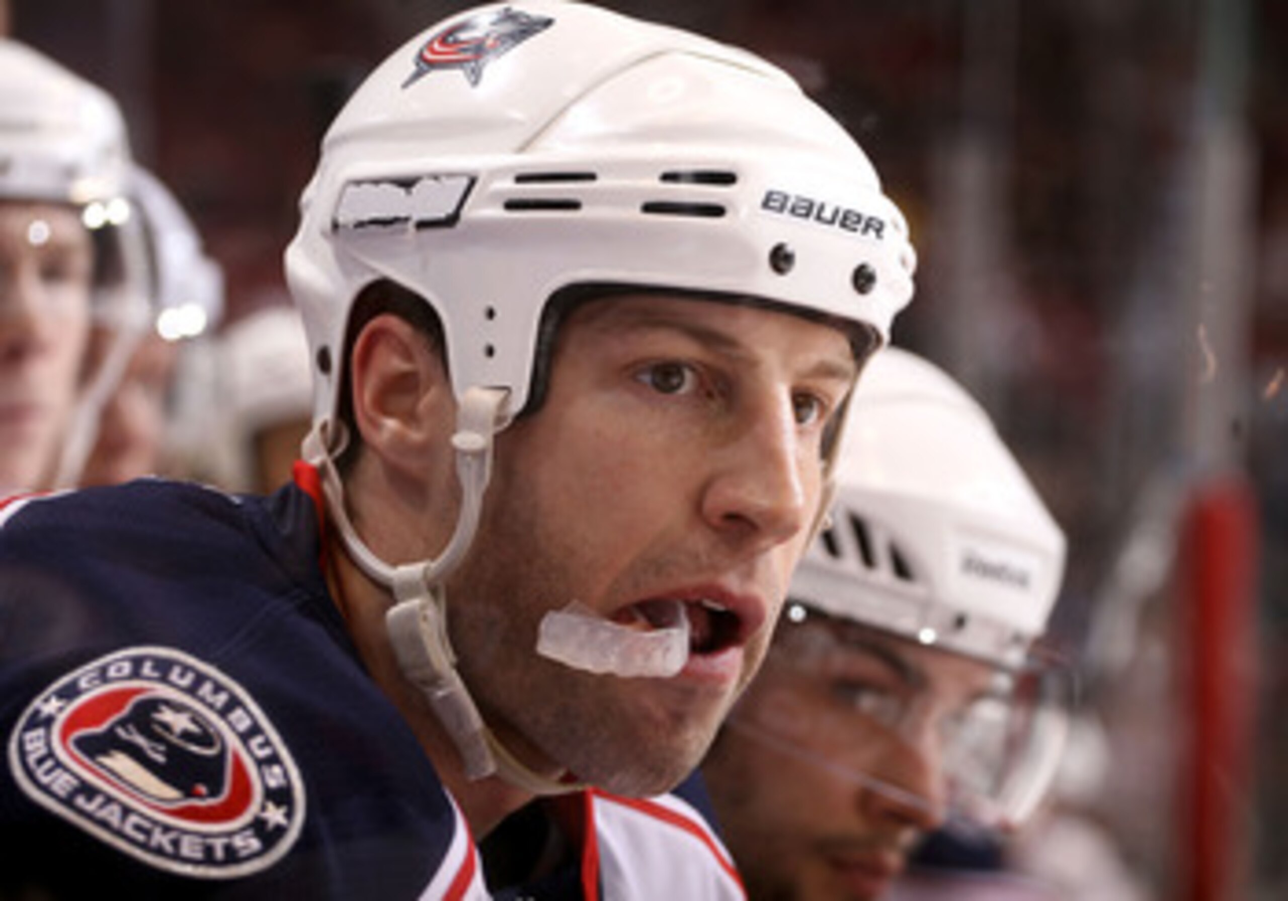 GLENDALE, AZ - MARCH 24:  R.J. Umberger #18 of the Columbus Blue Jackets watches from the bench during the NHL game against the Phoenix Coyotes at Jobing.com Arena on March 24, 2011 in Glendale, Arizona. The Coyotes defeated the Blue Jackets 3-0. (Photo b
