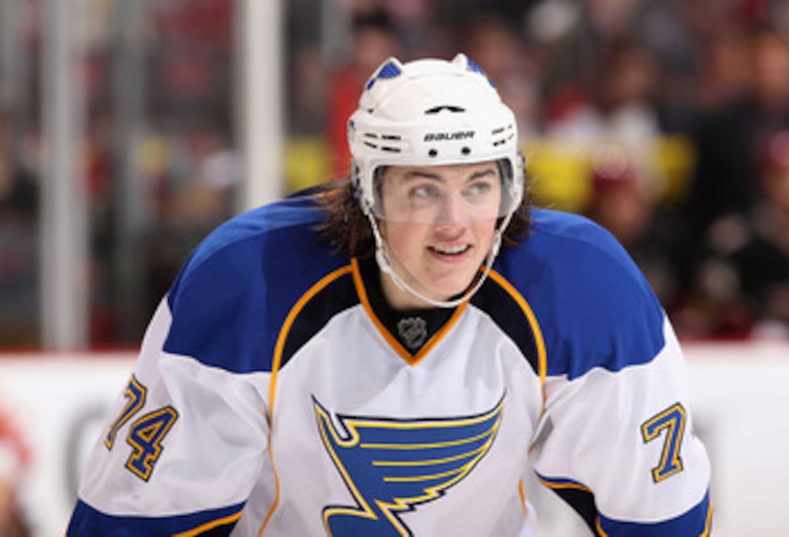 GLENDALE, AZ - MARCH 22:  T.J. Oshie #74 of the St. Louis Blues awaits a face off during the NHL game against the Phoenix Coyotes at Jobing.com Arena on March 22, 2011 in Glendale, Arizona. The Coyotes defeated the Blues 2-1.  (Photo by Christian Petersen
