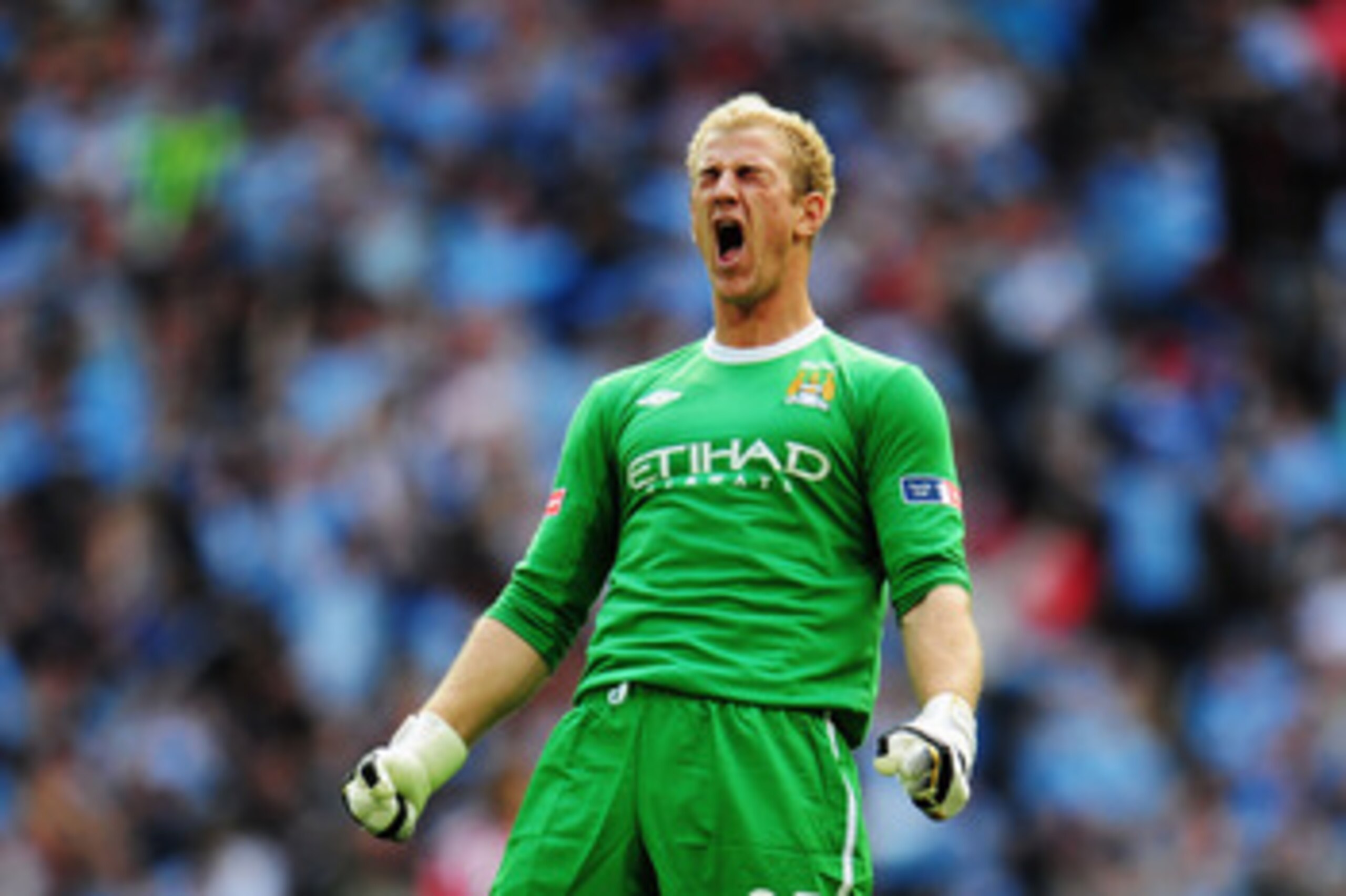 LONDON, ENGLAND - MAY 14:  Joe Hart of Manchester City celebrates as his team score during the FA Cup sponsored by E.ON Final match between Manchester City and Stoke City at Wembley Stadium on May 14, 2011 in London, England.  (Photo by Shaun Botterill/Ge