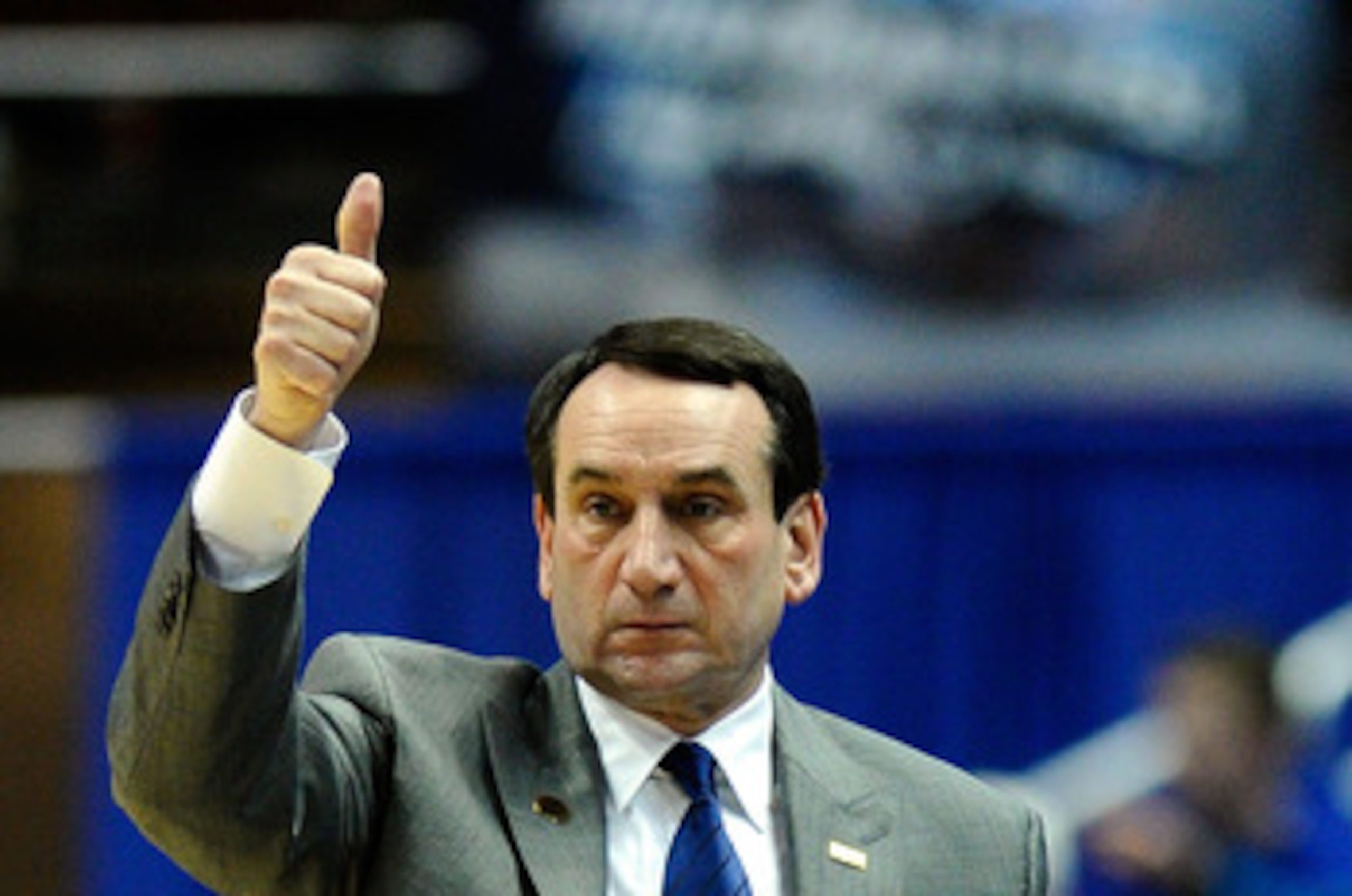 ANAHEIM, CA - MARCH 24:  Head coach Mike Krzyzewski of the Duke Blue Devils gestures from the sidelines during the west regional semifinal of the 2011 NCAA men's basketball tournament at the Honda Center on March 24, 2011 in Anaheim, California.  (Photo b