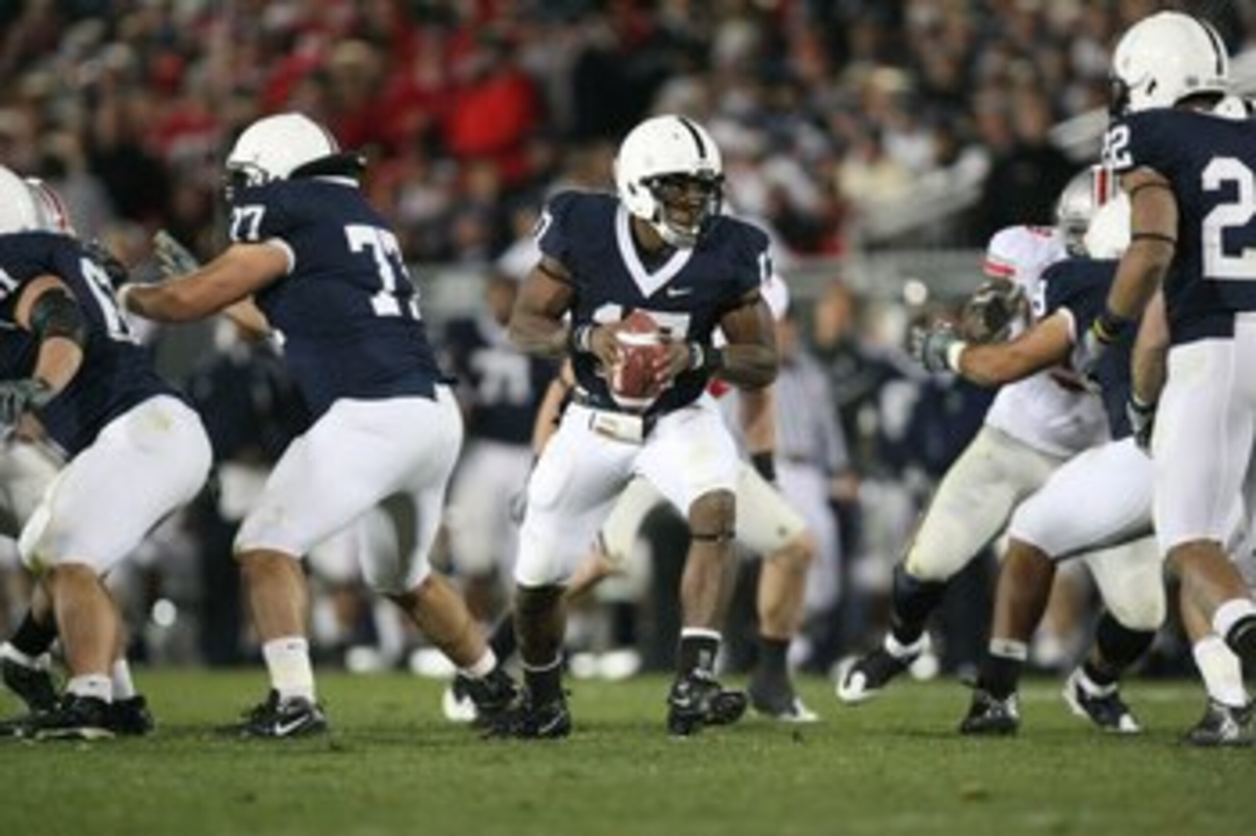 STATE COLLEGE, PA - NOVEMBER 7: Quarterback Daryll Clark #17 of the Penn State Nittany Lions hands off during a game against the Ohio State Buckeyes on November 7, 2009 at Beaver Stadium in State College, Pennsylvania. Ohio State won 24-7. (Photo by Hunte