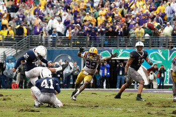 ORLANDO, FL - JANUARY 1: Collin Wagner #36 of the Penn State Nittany Lions kicks the game-winning field goal in the fourth quarter of the 2010 Capital One Bowl against the LSU Tigers at the Florida Citrus Bowl Stadium on January 1, 2010 in Orlando, Florid