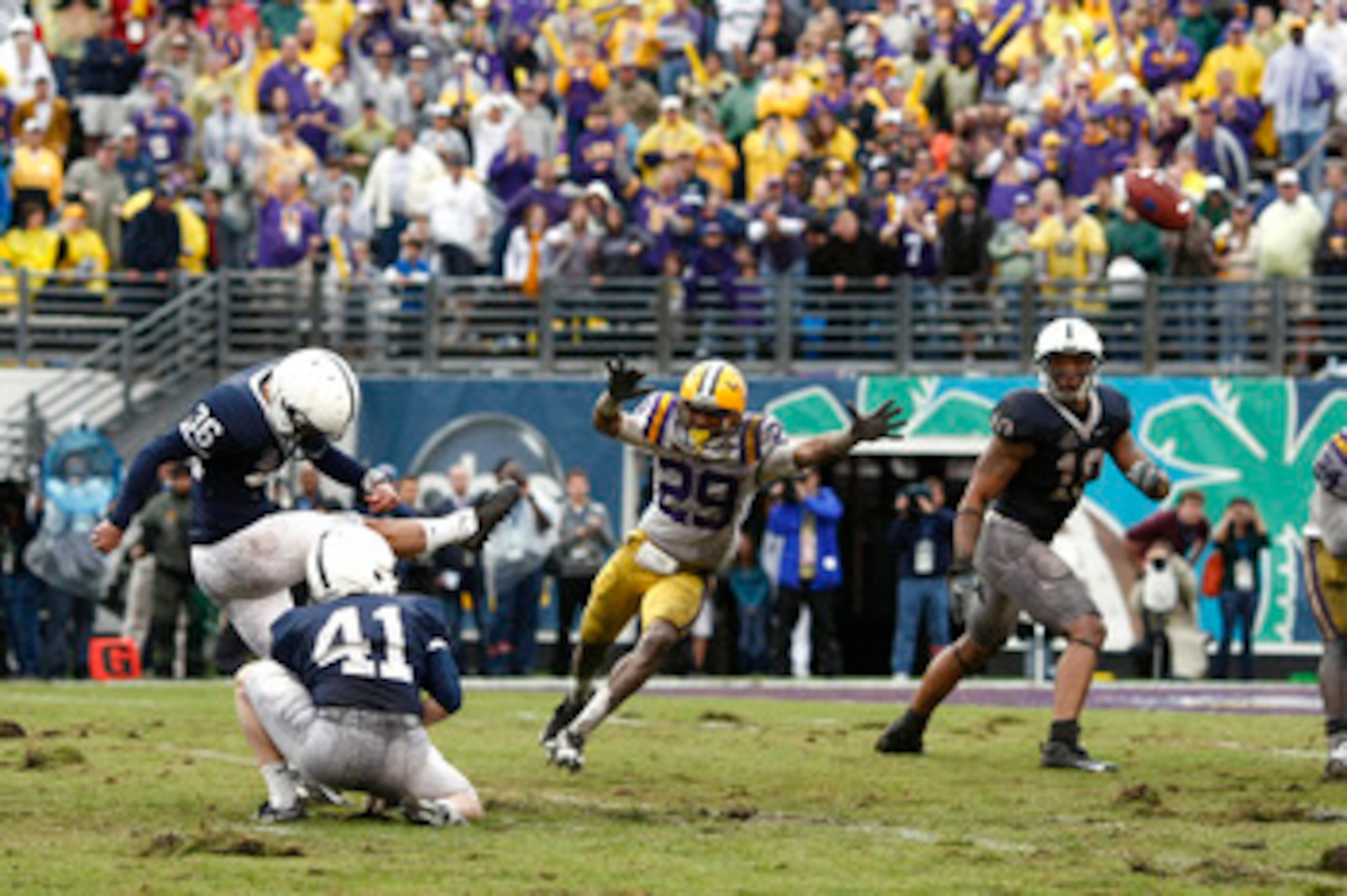 ORLANDO, FL - JANUARY 1: Collin Wagner #36 of the Penn State Nittany Lions kicks the game-winning field goal in the fourth quarter of the 2010 Capital One Bowl against the LSU Tigers at the Florida Citrus Bowl Stadium on January 1, 2010 in Orlando, Florid