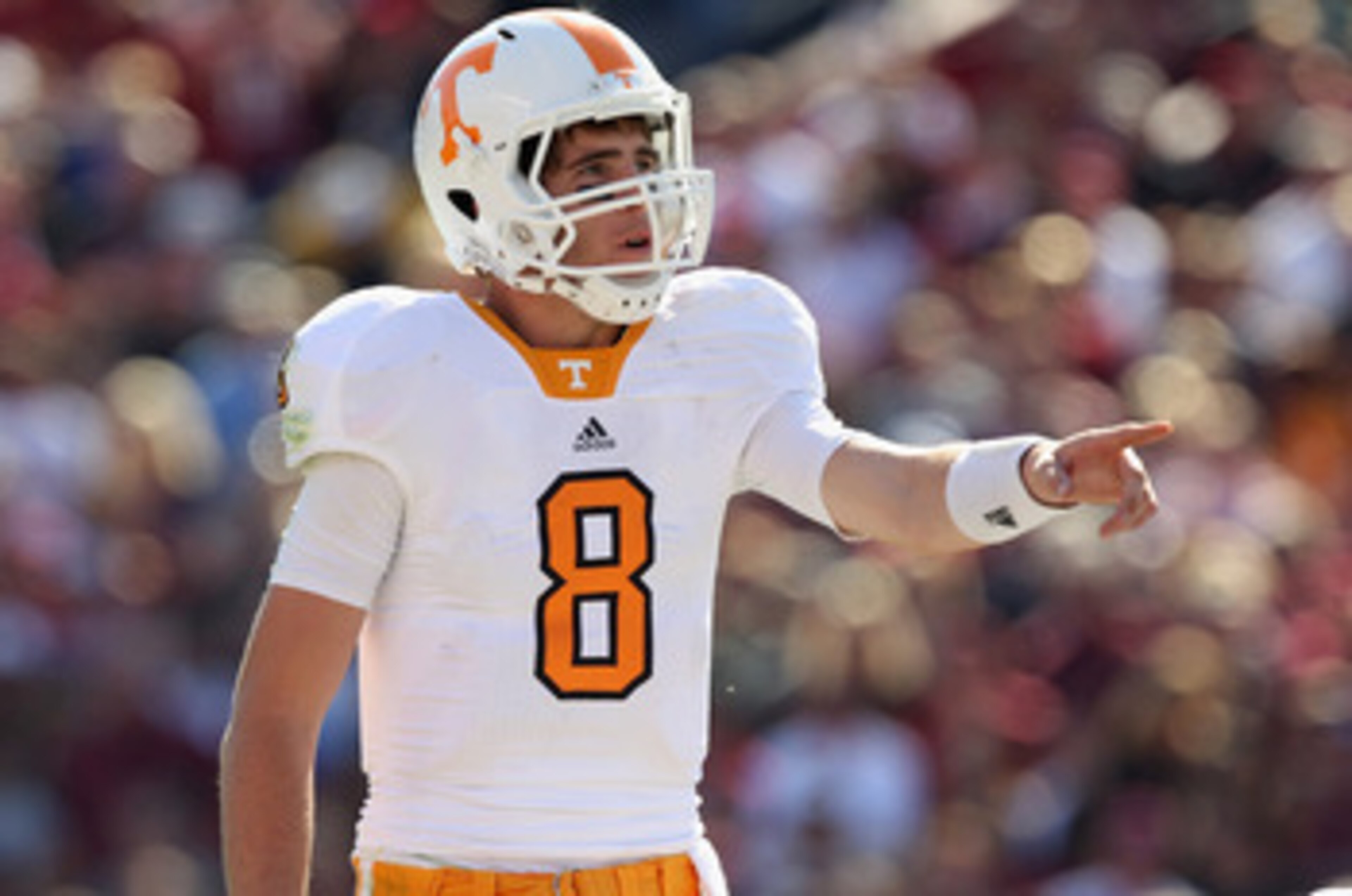 COLUMBIA, SC - OCTOBER 30:  Tyler Bray #8 of the Tennessee Volunteers against the South Carolina Gamecocks during their game at Williams-Brice Stadium on October 30, 2010 in Columbia, South Carolina.  (Photo by Streeter Lecka/Getty Images)