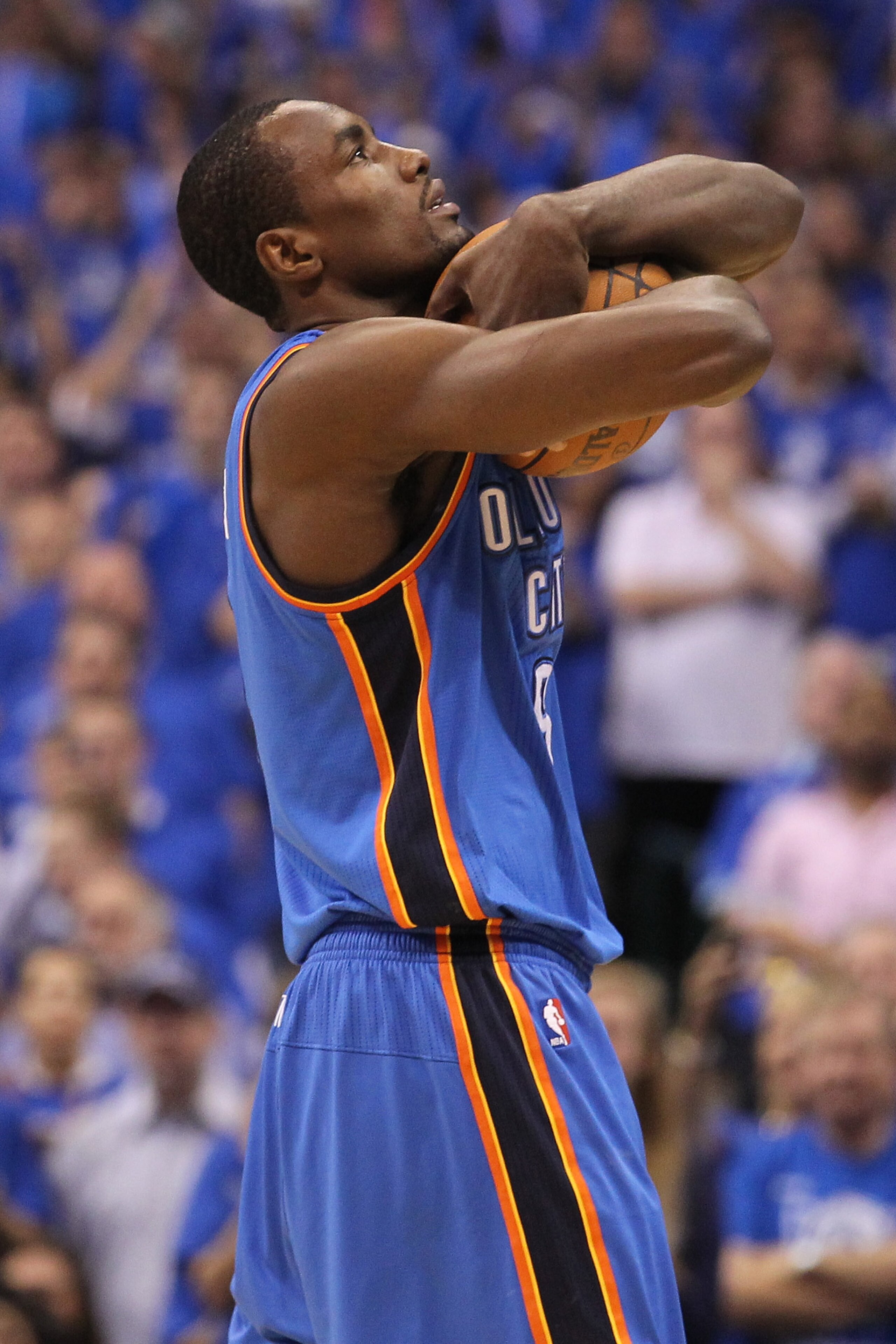 DALLAS, TX - MAY 17: Serge Ibaka #9 of the Oklahoma City Thunder reacts before taking on the Dallas Mavericks in Game One of the Western Conference Finals during the 2011 NBA Playoffs at American Airlines Center on May 17, 2011 in Dallas, Texas. NOTE TO DALLAS, TX - MAY 17: Serge Ibaka #9 of the Oklahoma City Thunder reacts before taking on the Dallas Mavericks in Game One of the Western Conference Finals during the 2011 NBA Playoffs at American Airlines Center on May 17, 2011 in Dallas, Texas. NOTE TO