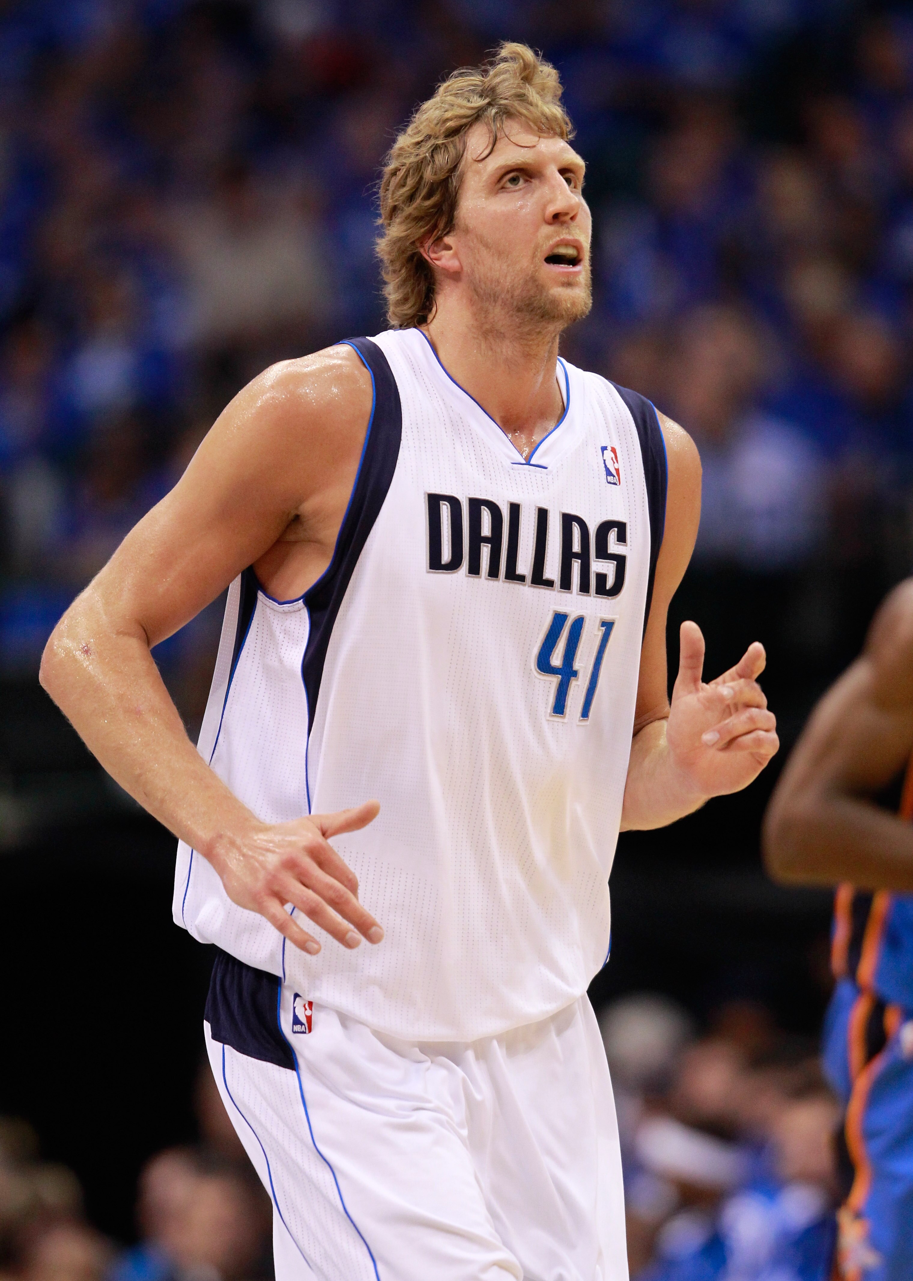 DALLAS, TX - MAY 19:  Dirk Nowitzki #41 of the Dallas Mavericks runs back down court in the first quarter while taking on the Oklahoma City Thunder in Game Two of the Western Conference Finals during the 2011 NBA Playoffs at American Airlines Center on Ma