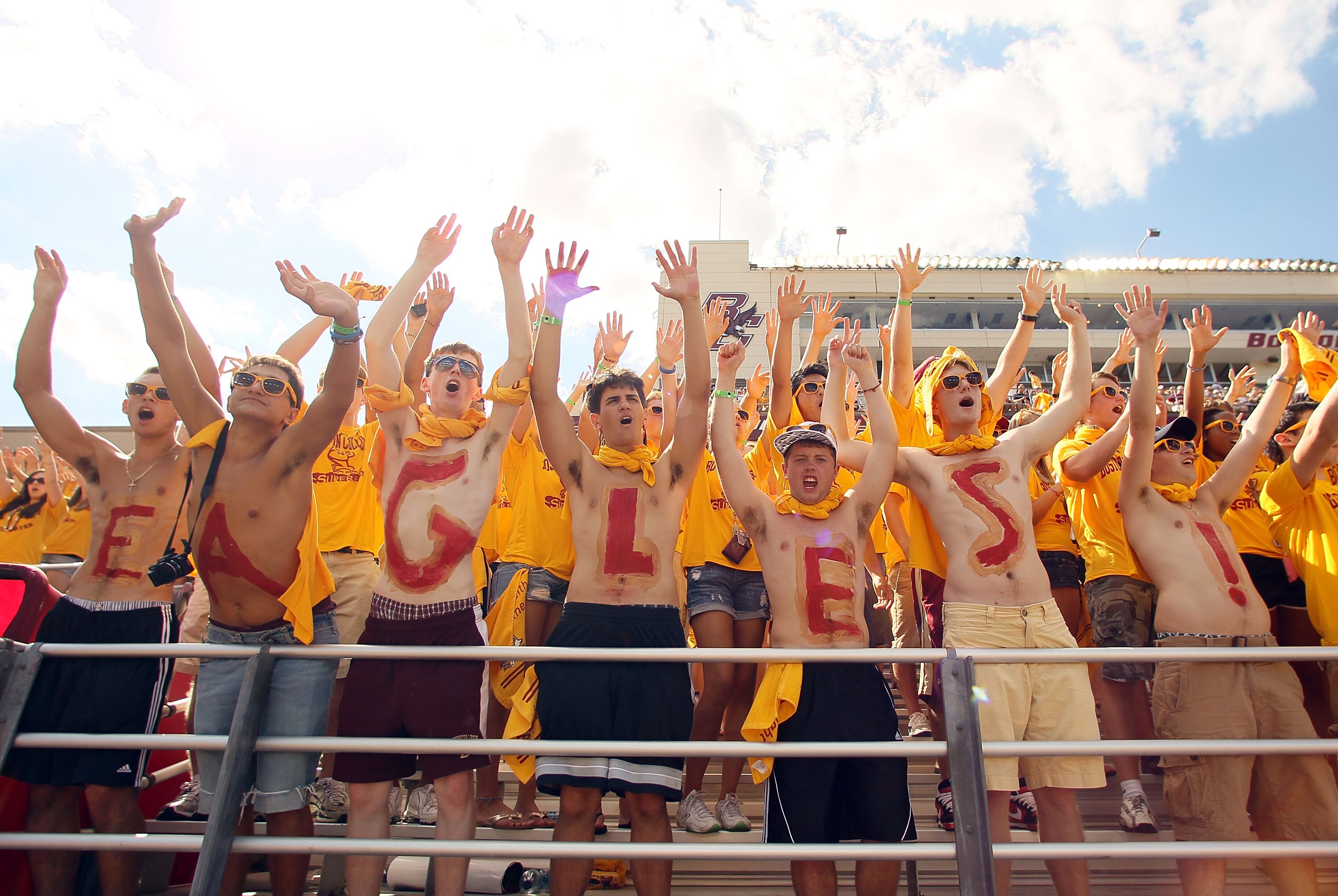 CHESTNUT HILL, MA - SEPTEMBER 04:   Boston College Eagles fans cheer on their team against the Weber State Wildcats on September 4, 2010 at Alumni Stadium in Chestnut Hill, Massachusetts. Boston College defeated Weber State 38-20.  (Photo by Elsa/Getty Im