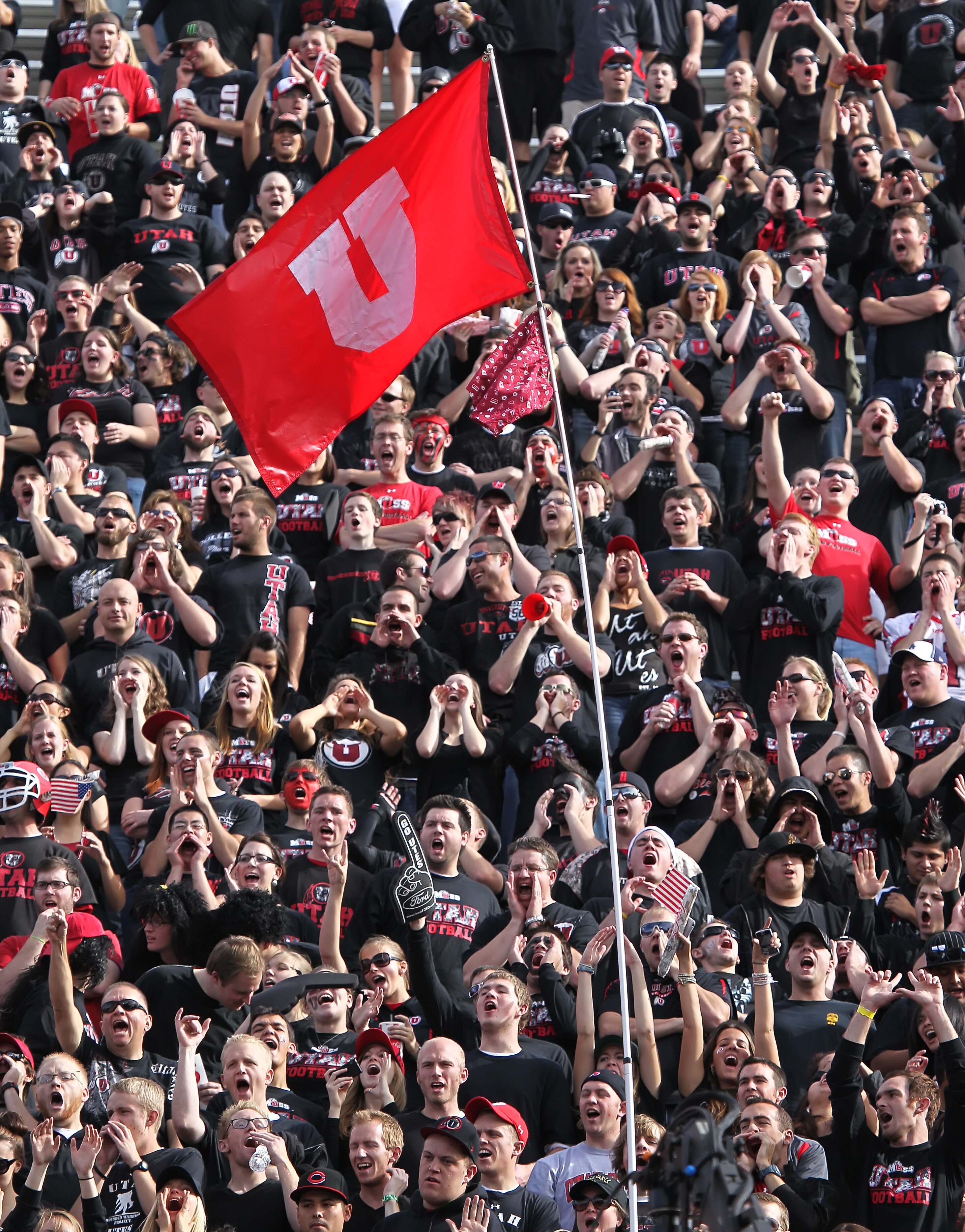 SALT LAKE CITY, UT - NOVEMBER 6: Fans of the Utah Utes cheer during a game against the TCU Horned Frogs during the first half of an NCAA Football game November 6, 2010 at Rice-Eccles Stadium in Salt Lake City, Utah. TCU Beat Utah 47-7.  (Photo by George F