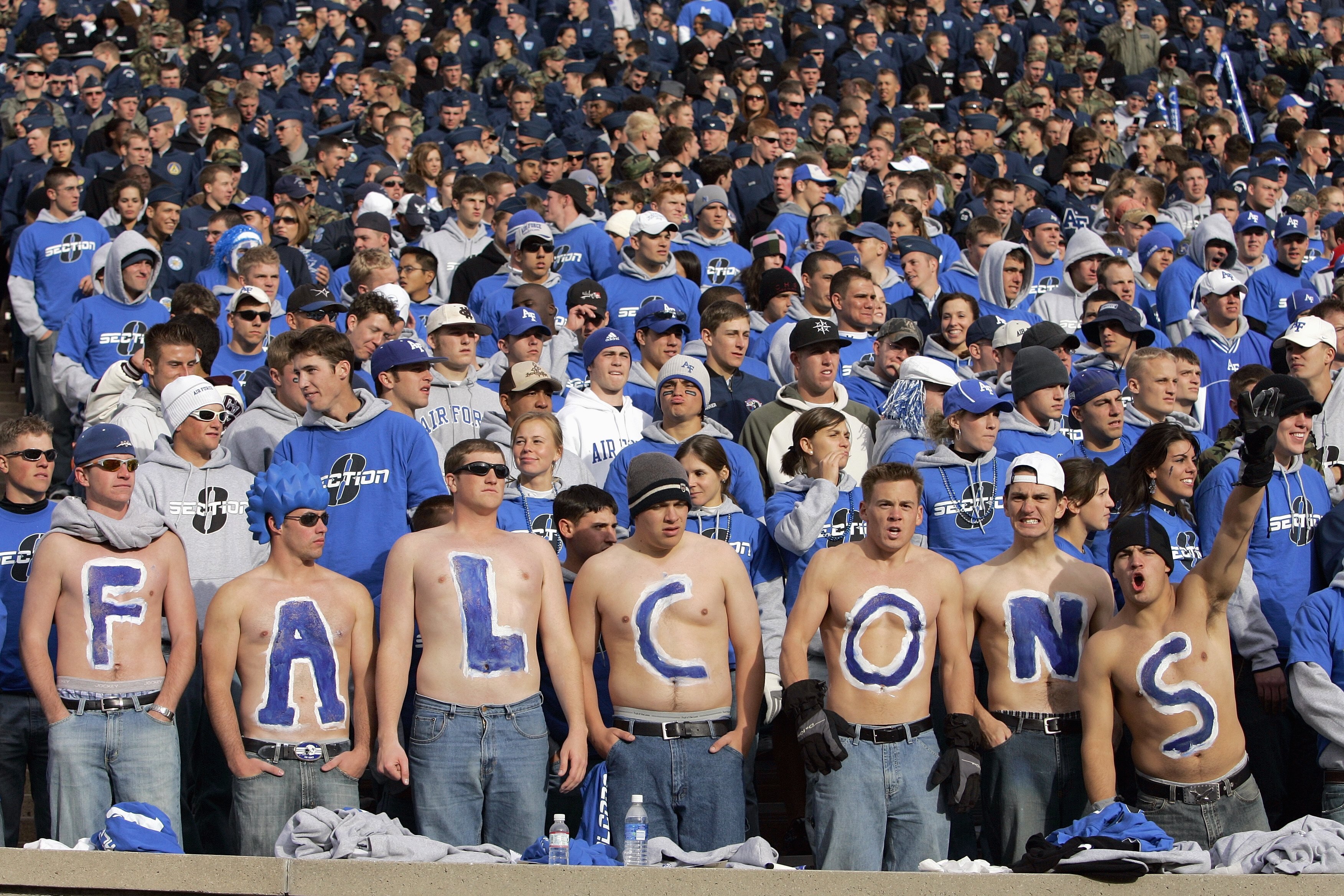 AIR FORCE ACADEMY, CO - NOVEMBER 11: Fans of the Air Force Falcons cheer in the stands during the game against the Notre Dame Fighting Irish on November 11, 2006 at Falcon Stadium on the Air Force Academy near Colorado Springs, Colorado.  (Photo by Brian