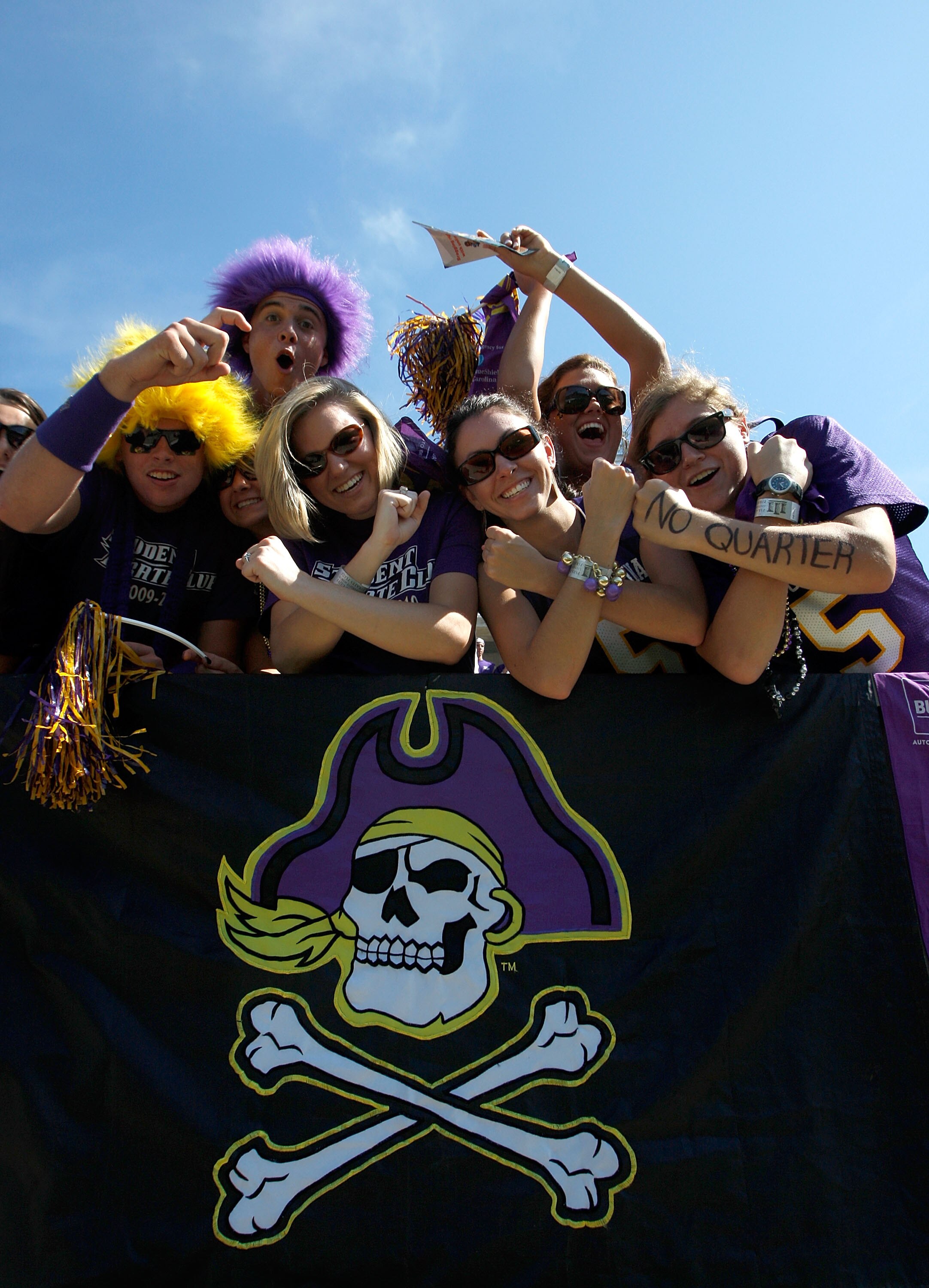 GREENVILLE, NC - SEPTEMBER 05:  Fans of the East Carolina Pirates celebrates before the start of their game against the Appalachian State Mountaineers at Dowdy-Ficklen Stadium on September 5, 2009 in Greenville, North Carolina.  (Photo by Streeter Lecka/G