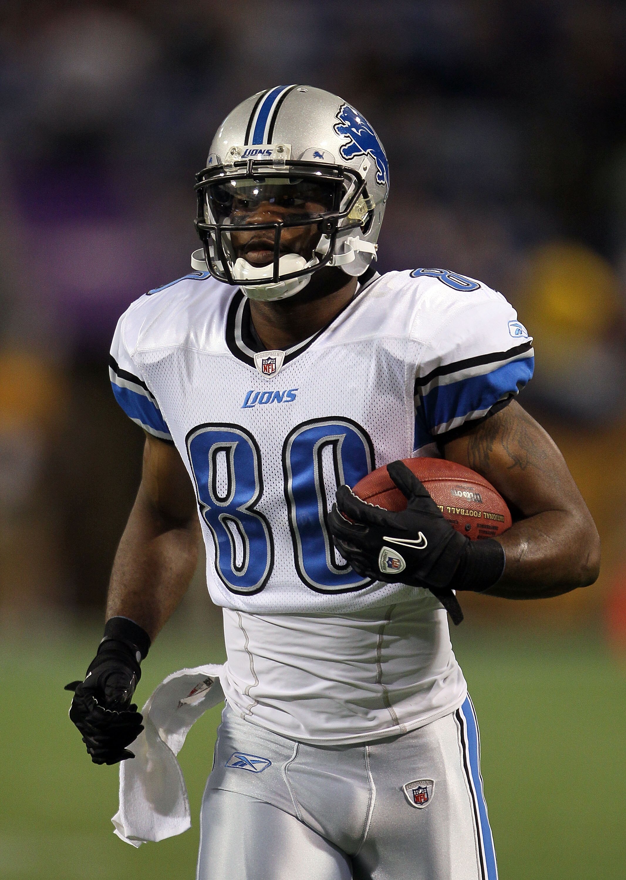 MINNEAPOLIS - SEPTEMBER 26:  Bryant Johnson #80 of the Detroit Lions warms up prior to the start of the game against the Minnesota Vikings at Mall of America Field on September 26, 2010 in Minneapolis, Minnesota.  (Photo by Jeff Gross/Getty Images)