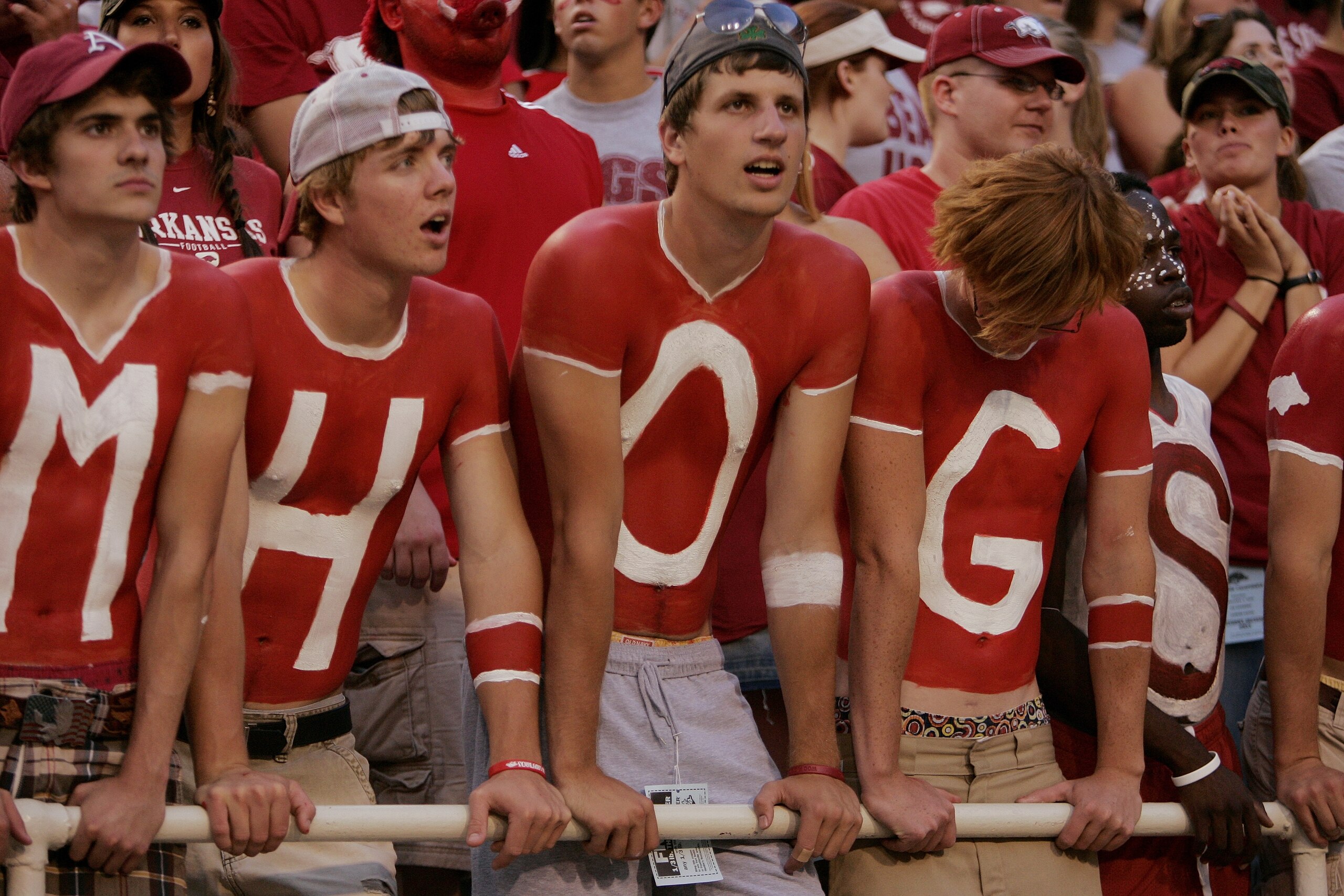 FAYETTEVILLE, AR - SEPTEMBER 2:  Fans of the Arkansas Razorbacks show their pride against the University of Southern California Trojans on September 2, 2006 at Donald W. Reynolds Razorback Stadium in Fayetteville, Arkansas.  Southern California won 50-14.