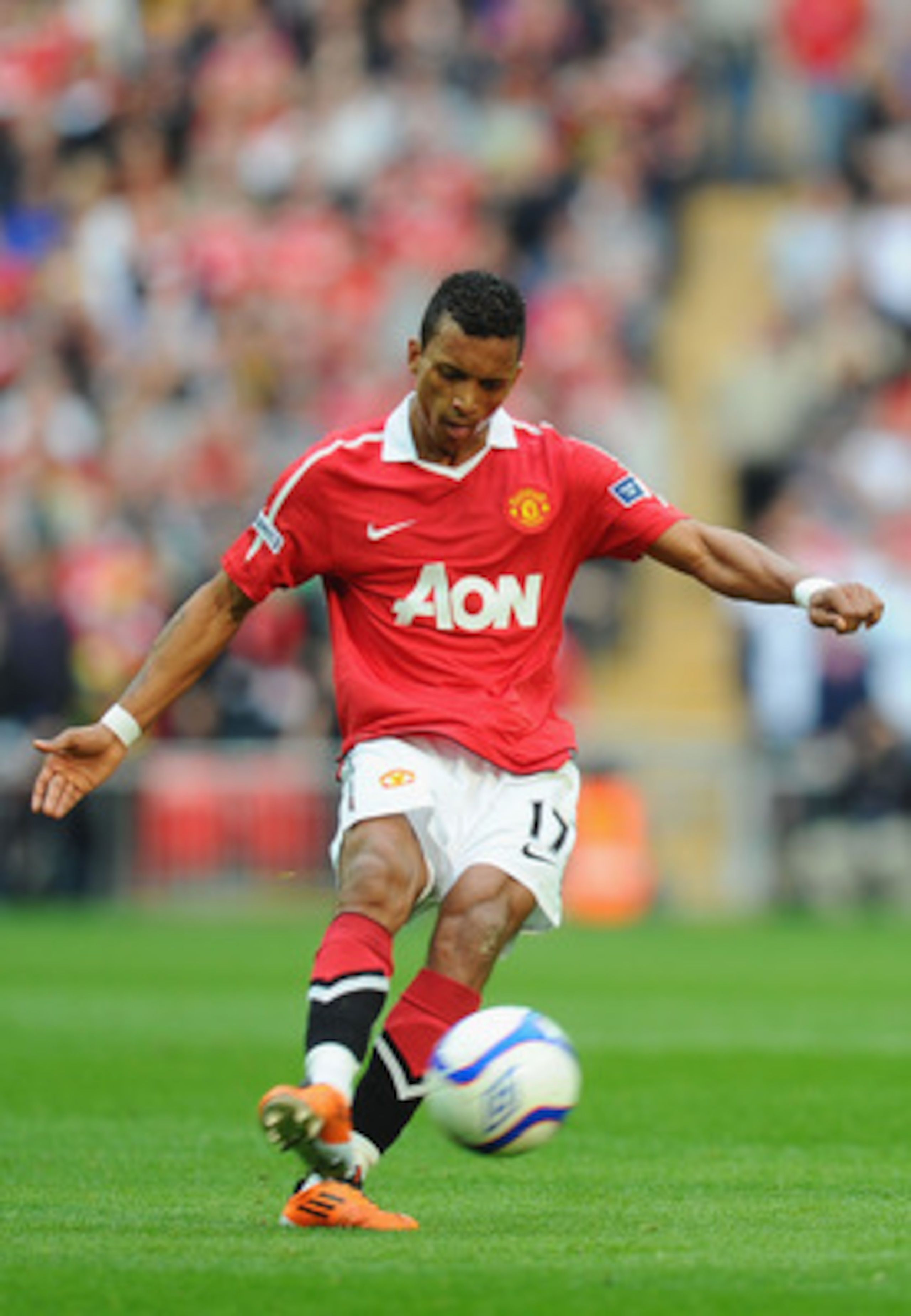 LONDON, ENGLAND - APRIL 16: Nani of Manchester United on the ball during the FA Cup sponsored by E.ON semi final match between Manchester City and Manchester United at Wembley Stadium on April 16, 2011 in London, England.  (Photo by Mike Hewitt/Getty Imag