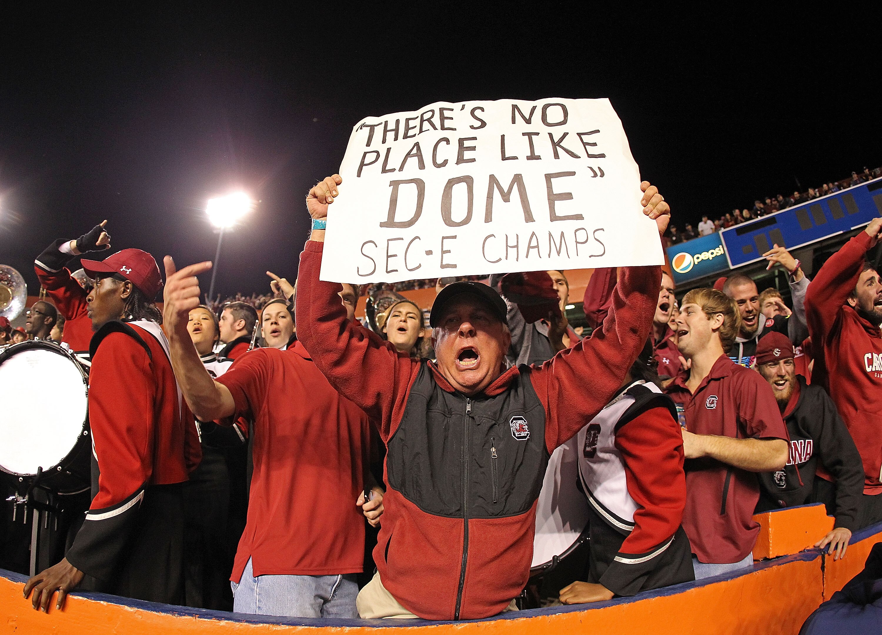 GAINESVILLE, FL - NOVEMBER 13:  A South Carolina Gamecocks fan holds a sign claiming the SEC East Champions during a game against the Florida Gators at Ben Hill Griffin Stadium on November 13, 2010 in Gainesville, Florida. The Gamecocks beat the Gators 36