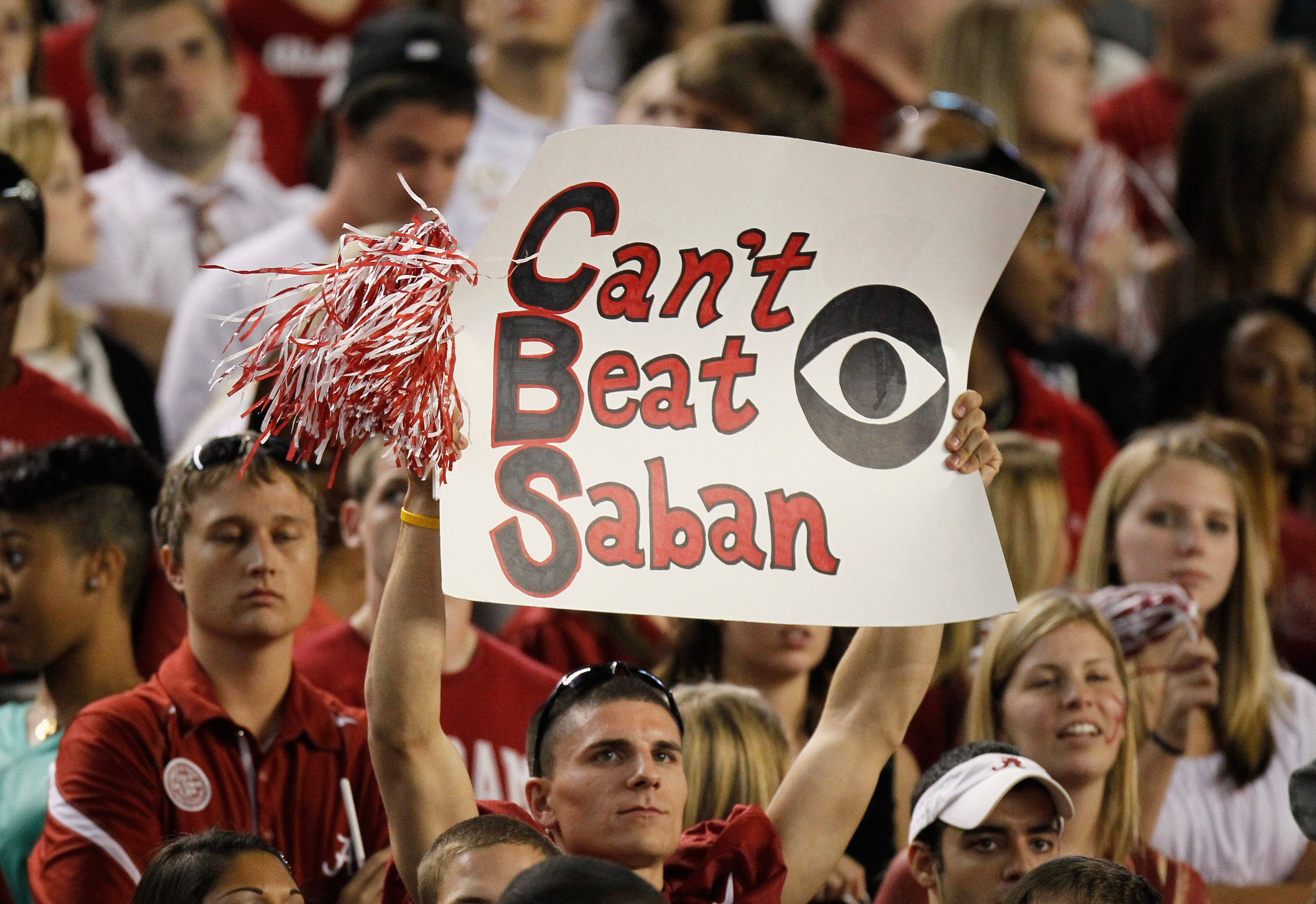 TUSCALOOSA, AL - OCTOBER 02:  A fan of the Alabama Crimson Tide holds up a sign about head coach Nick Saban during the game against the Florida Gators at Bryant-Denny Stadium on October 2, 2010 in Tuscaloosa, Alabama.  (Photo by Kevin C. Cox/Getty Images)