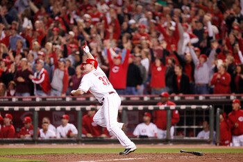 CINCINNATI, OH - SEPTEMBER 28: Jay Bruce #32 of the Cincinnati Reds celebrates a walk off home run against the Houston Astros at Great American Ball Park on September 28, 2010 in Cincinnati, Ohio. The Reds won 3-2 to clinch the NL Central Division title.