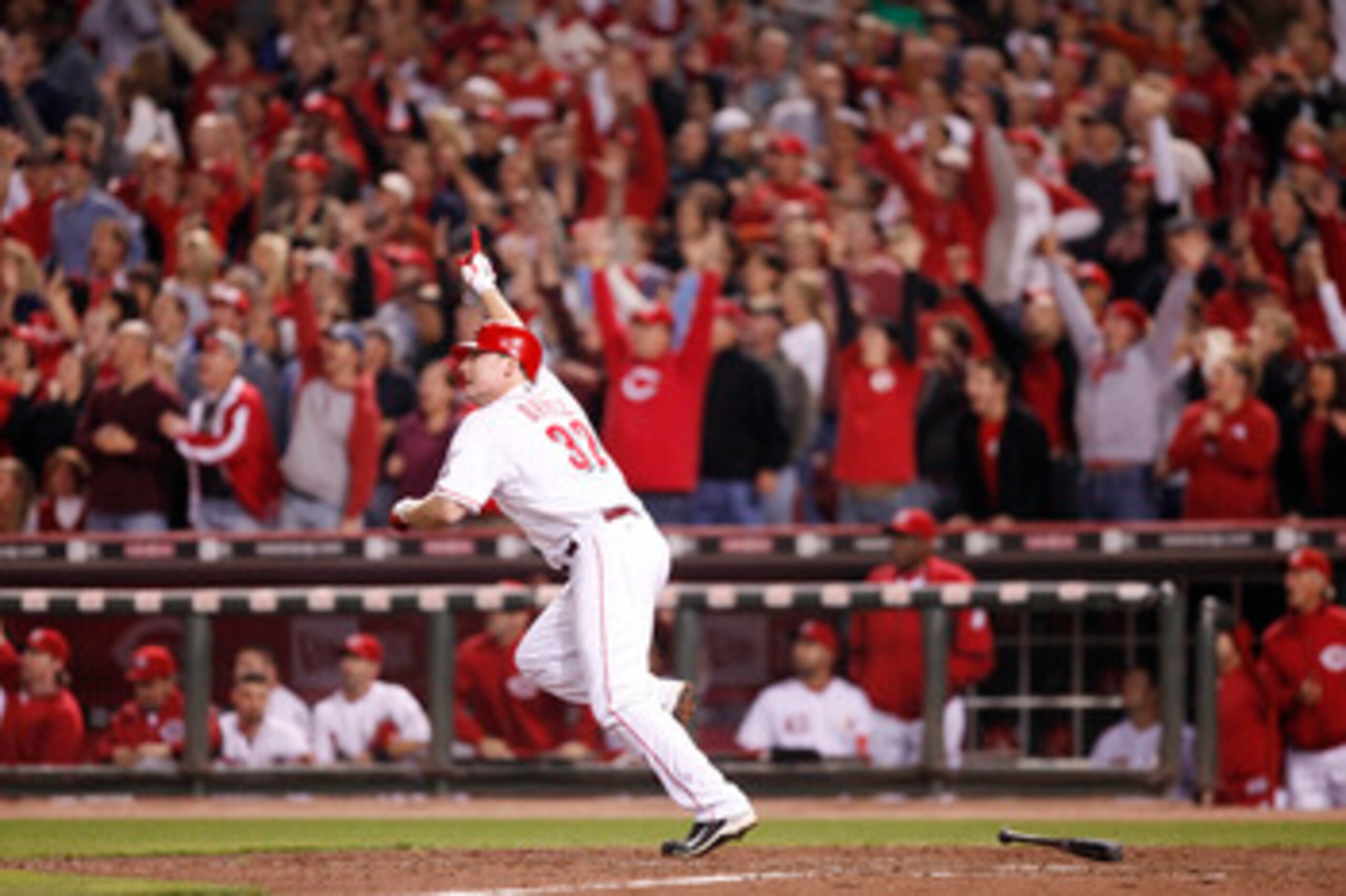 CINCINNATI, OH - SEPTEMBER 28: Jay Bruce #32 of the Cincinnati Reds celebrates a walk off home run against the Houston Astros at Great American Ball Park on September 28, 2010 in Cincinnati, Ohio. The Reds won 3-2 to clinch the NL Central Division title.