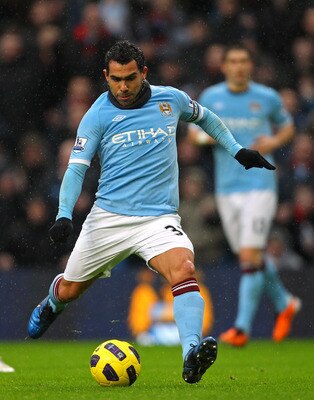 MANCHESTER, ENGLAND - FEBRUARY 05:  Carlos Tevez of Manchester City scores his second goal during the Barclays Premier League match between Manchester City and West Bromwich Albion at the City of Manchester Stadium on February 5, 2011 in Manchester, Engla