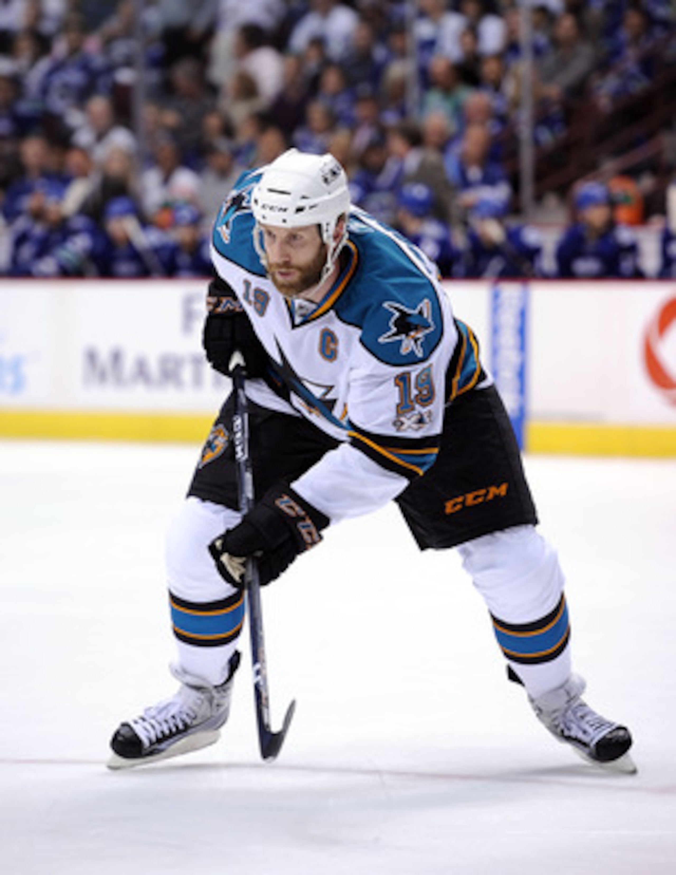 VANCOUVER, CANADA - MAY 18:  Joe Thornton #19 of the San Jose Sharks lines up in the left wing position prior to a faceoff in Game Two of the Western Conference Finals against the Vancouver Canucks during the 2011 Stanley Cup Playoffs at Rogers Arena on M