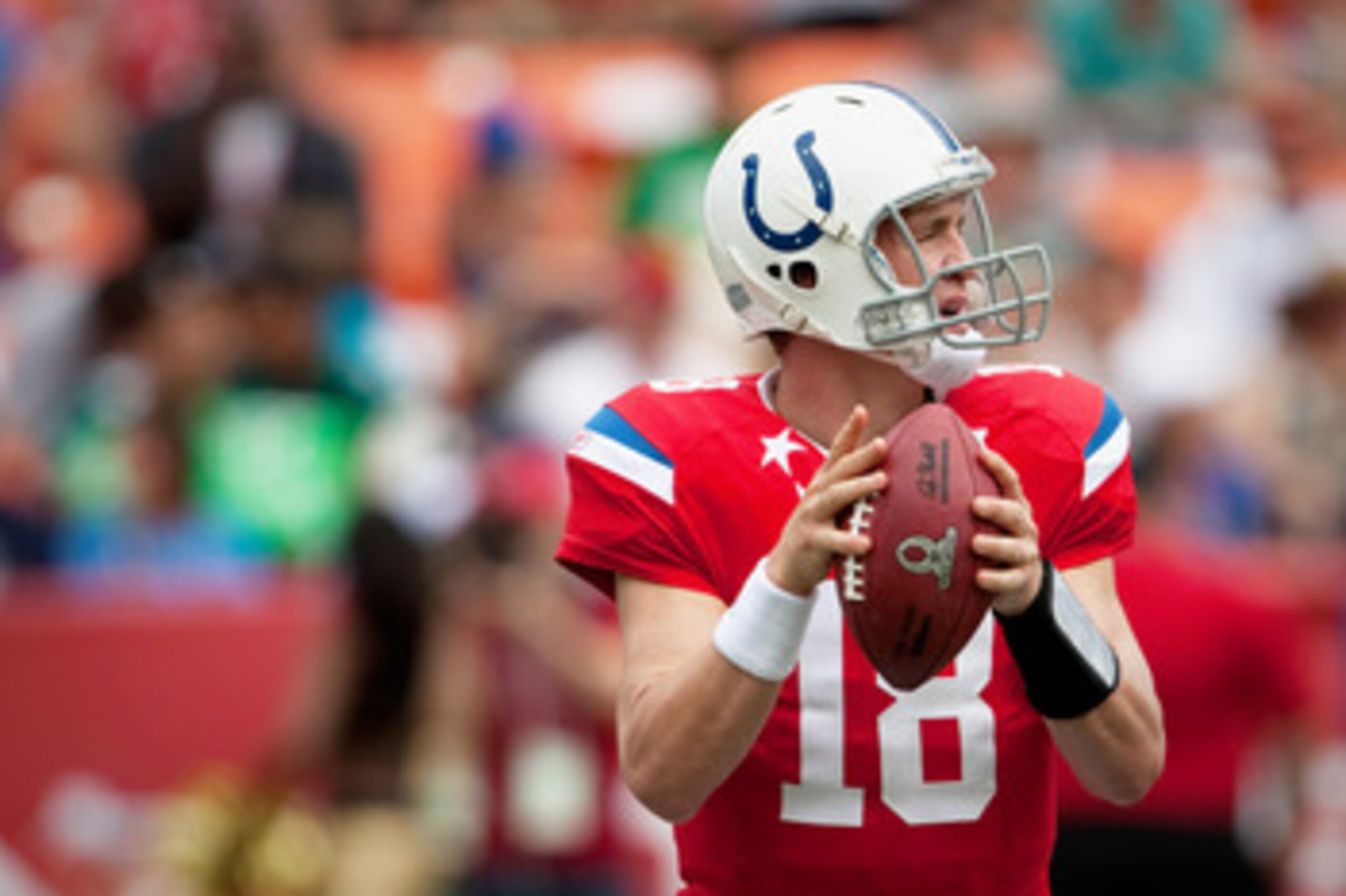 HONOLULU - JANUARY 30:  Peyton Manning, #18 of the Indianapolis Colts, looks for an open reciever during the 2011 NFL Pro Bowl at Aloha Stadium on January 30, 2011 in Honolulu, Hawaii. NFC won 55-41 over the AFC. (Photo by Kent Nishimura/Getty Images)