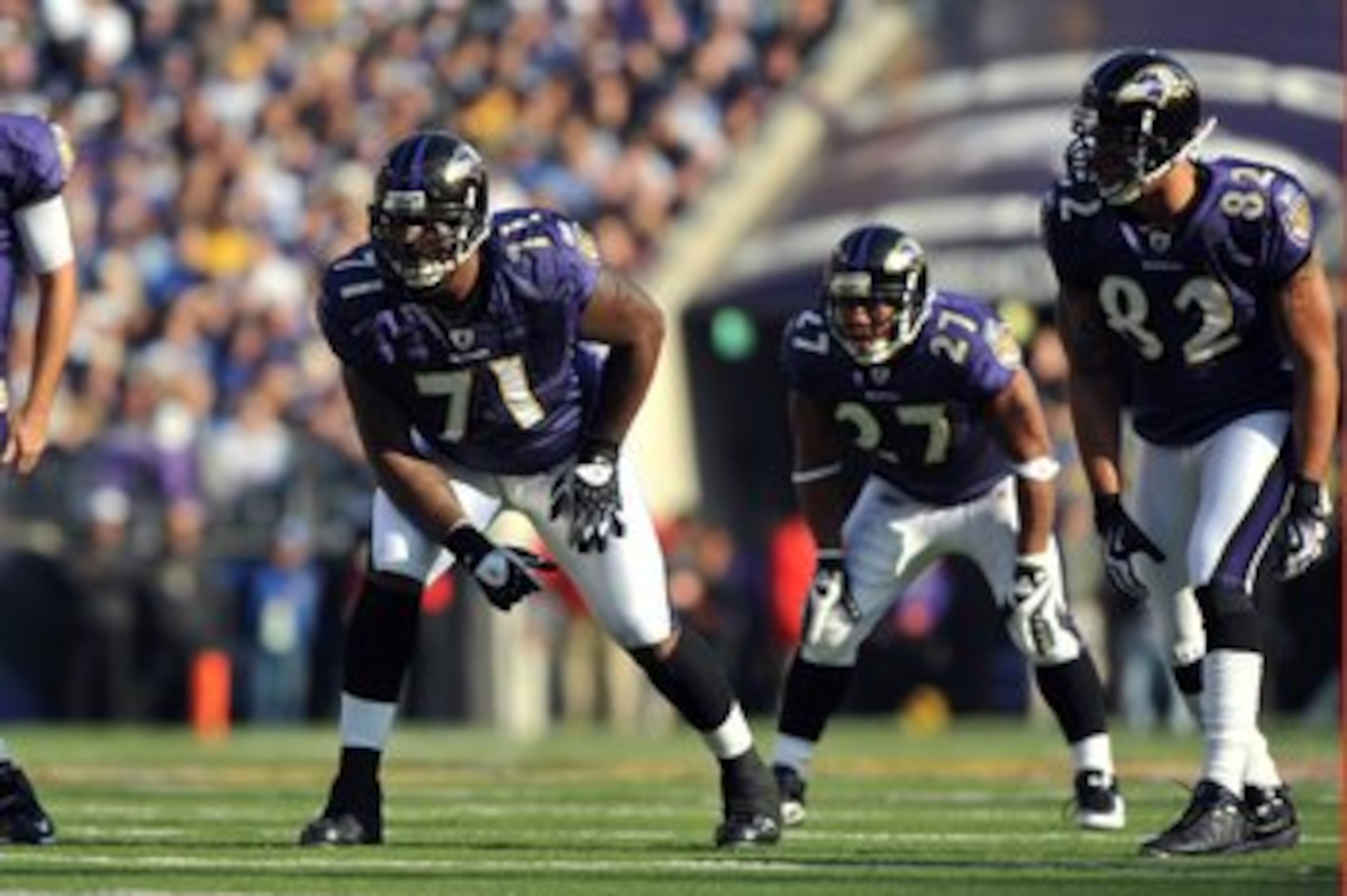BALTIMORE - NOVEMBER 22:  Jared Gaither #71 of the Baltimore Ravens defends against the Indianapolis Colts at M&T Bank Stadium on November 22, 2009 in Baltimore, Maryland. The Colts defeated the Ravens 17-15. (Photo by Larry French/Getty Images)