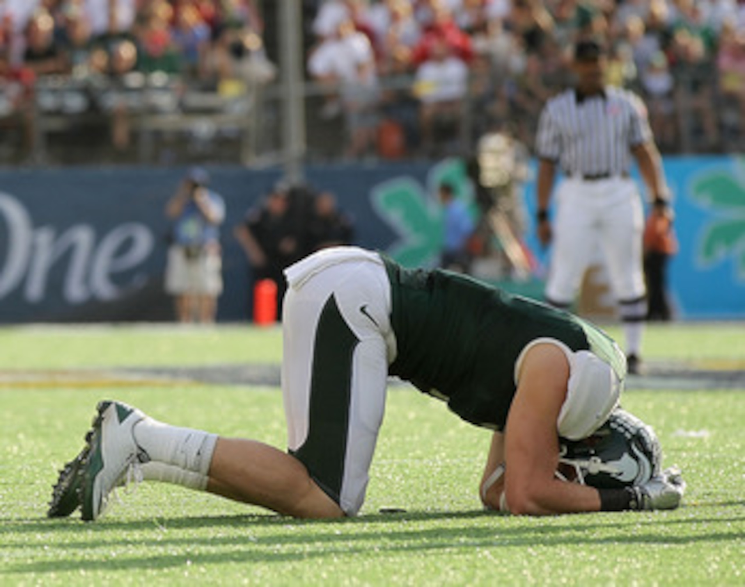 ORLANDO, FL - JANUARY 01:  Keith Nichol #7 of the Michigan State Spartans is shaken up on a play during the Capitol One Bowl against the Alabama Crimson Tide at the Florida Citrus Bowl on January 1, 2011 in Orlando, Florida.  (Photo by Mike Ehrmann/Getty 