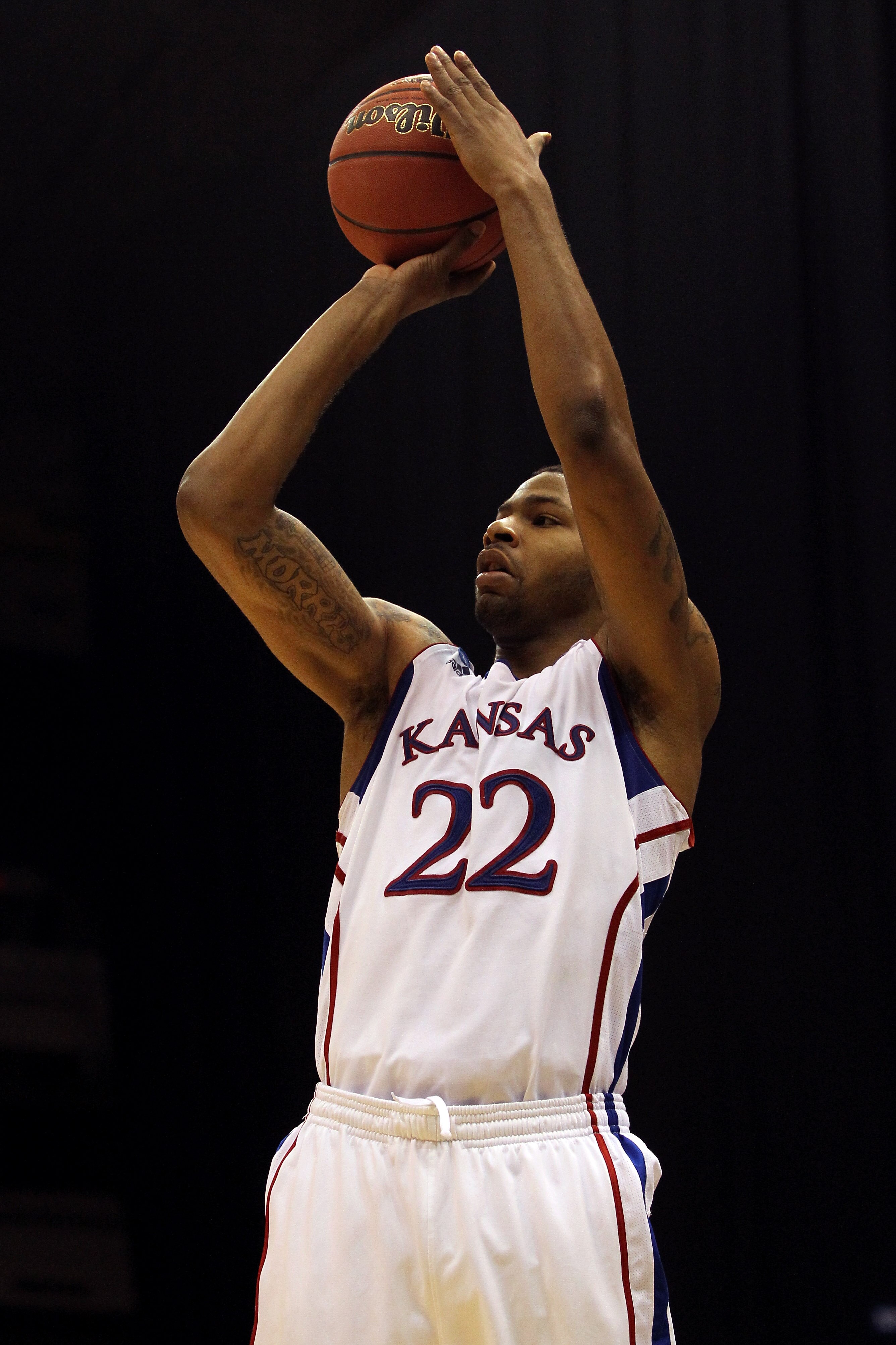 SAN ANTONIO, TX - MARCH 25:  Marcus Morris #22 of the Kansas Jayhawks shoots against the Richmond Spiders during the southwest regional of the 2011 NCAA men's basketball tournament at the Alamodome on March 25, 2011 in San Antonio, Texas. Kansas defeated