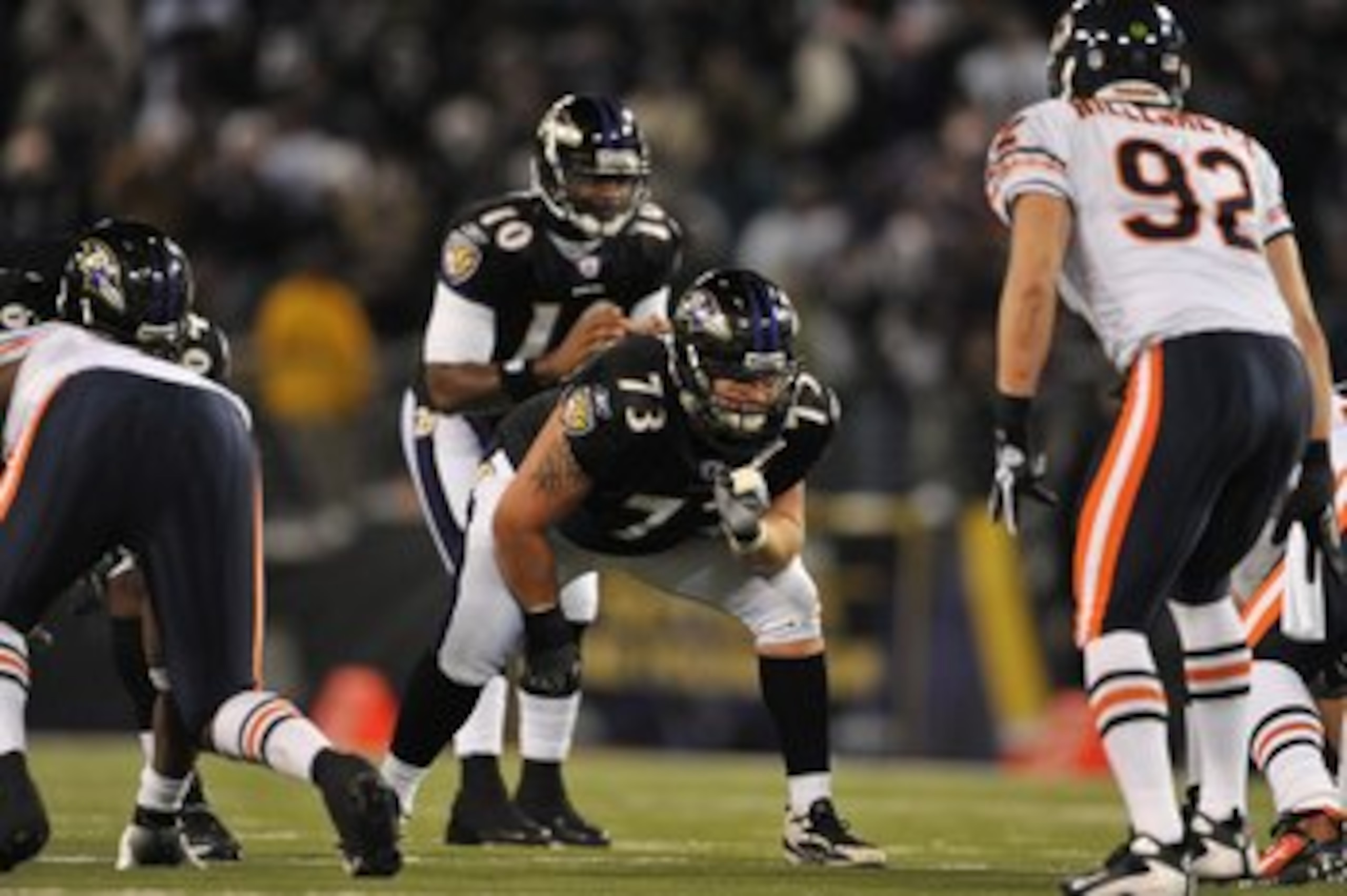 BALTIMORE - DECEMBER 20:  Marshal Yanda #73 of the Baltimore Ravens defends against the Chicago Bears at M&T Bank Stadium on December 20, 2009 in Baltimore, Maryland. The Ravens defeated the Bears 31-7. (Photo by Larry French/Getty Images)