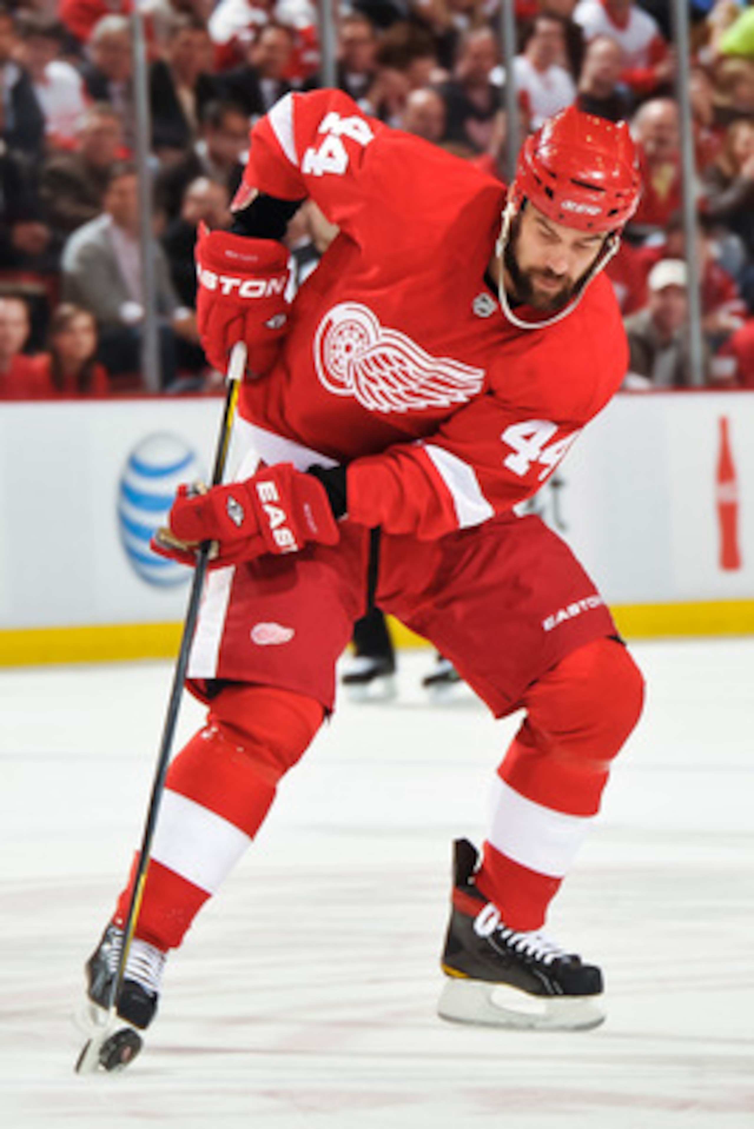 DETROIT - MAY 4: Todd Bertuzzi #44 of the Detroit Red Wings skates with the puck against the San Jose Sharks in Game Three of the Western Conference Semifinals during the 2011 NHL Stanley Cup Playoffs on May 4, 2011 at Joe Louis Arena in Detroit, Michigan
