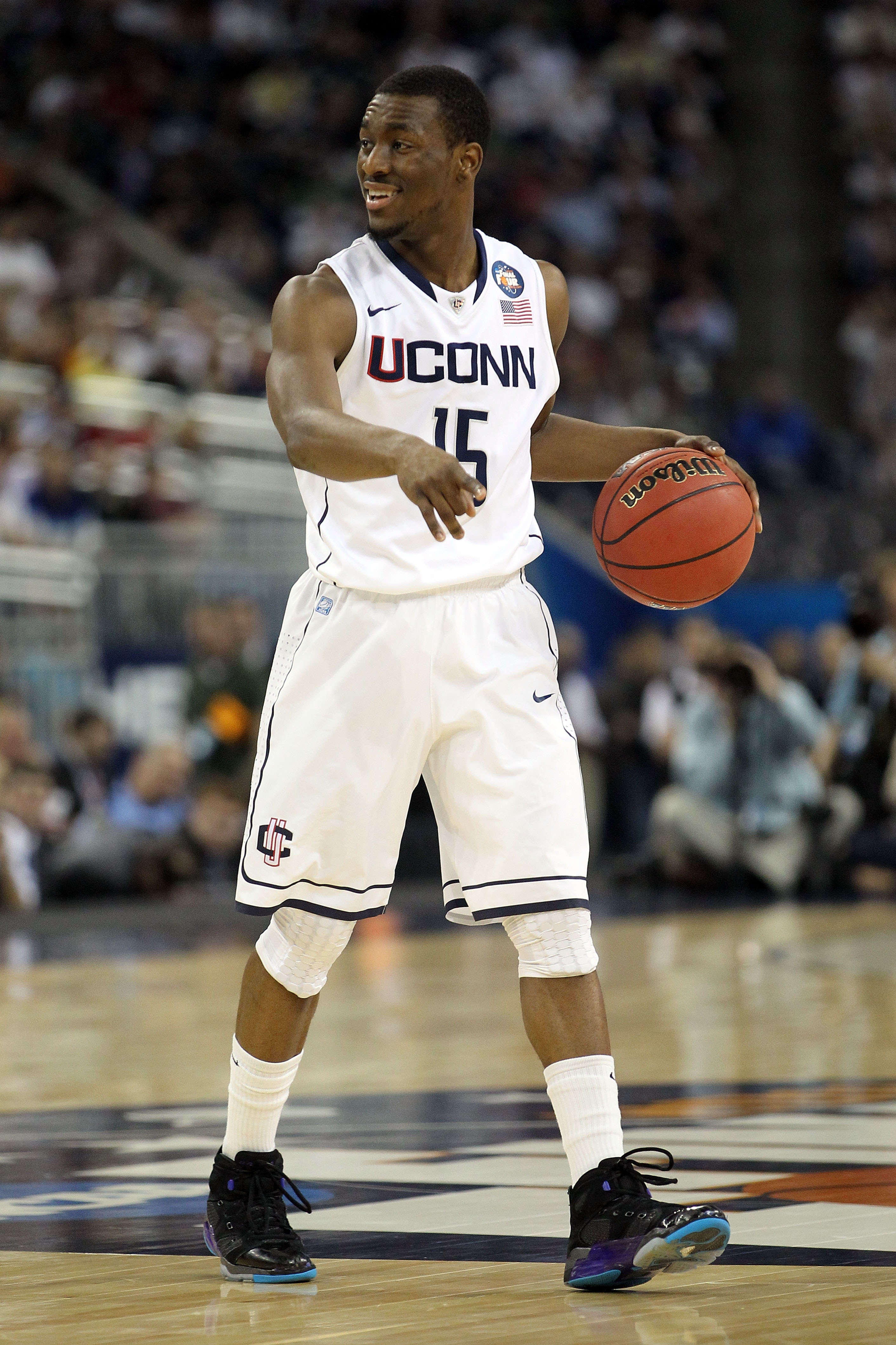 HOUSTON, TX - APRIL 04:  Kemba Walker #15 of the Connecticut Huskies handles the ball against the Butler Bulldogs during the National Championship Game of the 2011 NCAA Division I Men's Basketball Tournament at Reliant Stadium on April 4, 2011 in Houston,