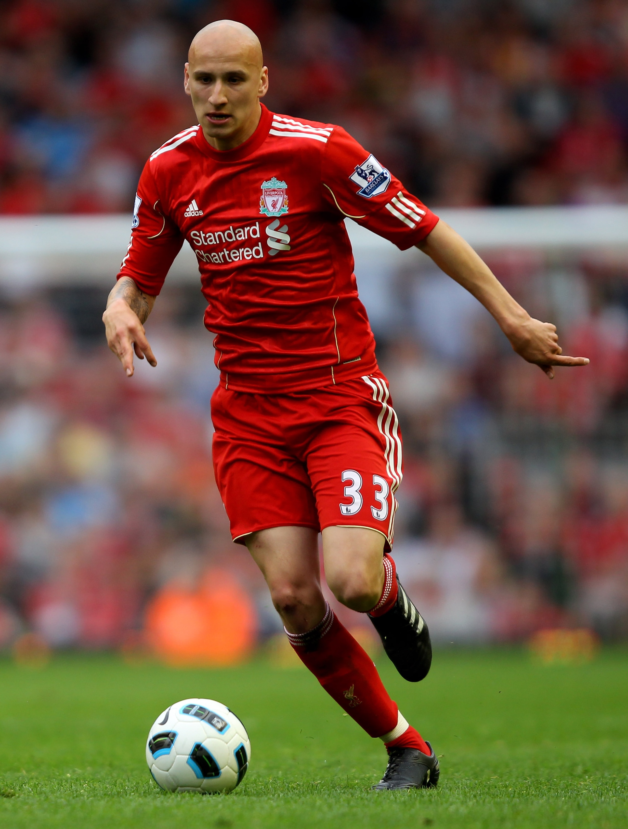 LIVERPOOL, ENGLAND - APRIL 23:  Jonjo Shelvey of Liverpool in action during the Barclays Premier League match between Liverpool and Birmingham City at Anfield on April 23, 2011 in Liverpool, England.  (Photo by Clive Brunskill/Getty Images)