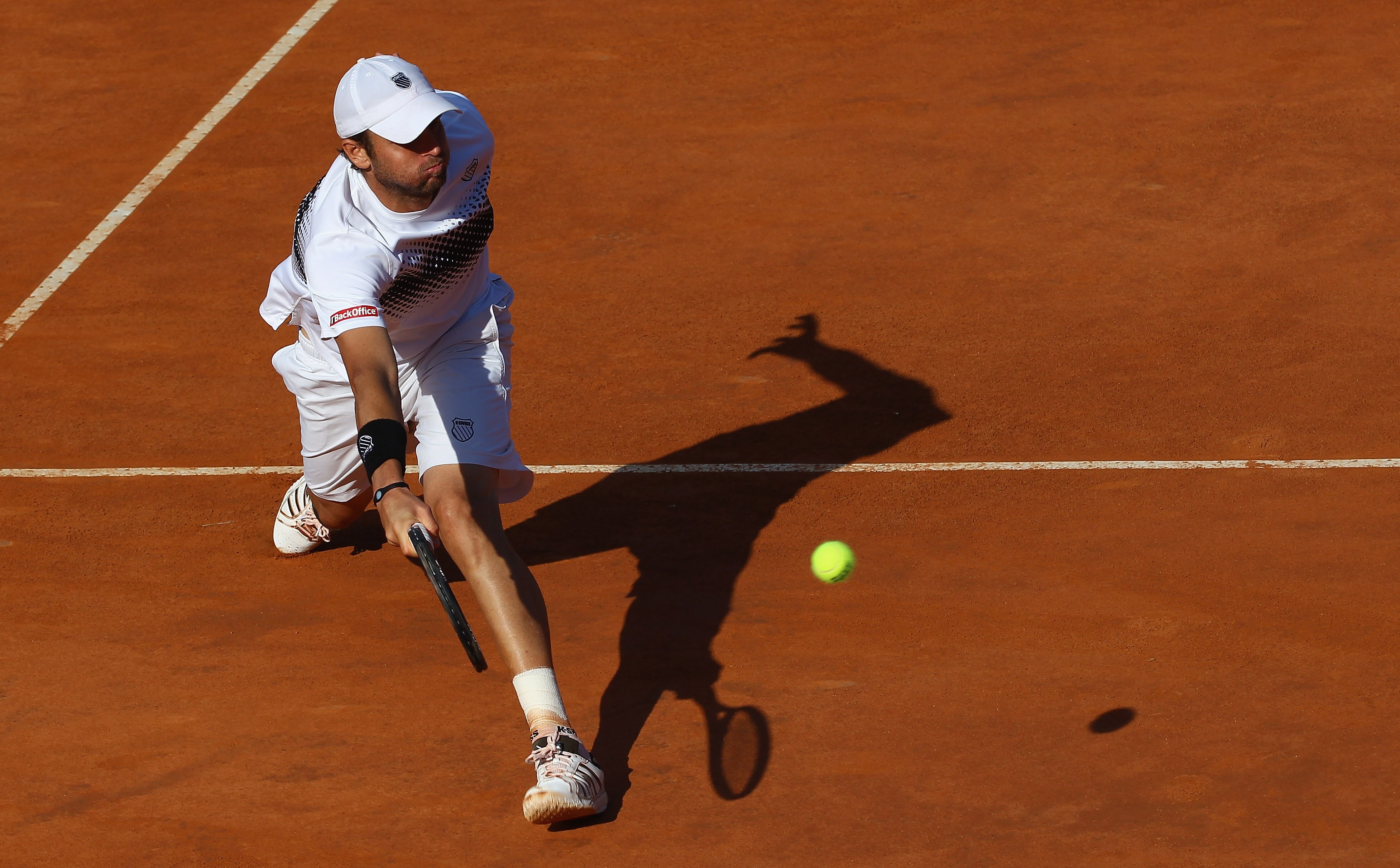 ROME, ITALY - MAY 09:  Mardy Fish of the USA plays a forehand volley during his first round match against Santiago Giraldo of Columbia during day two of the Internazoinali BNL D'Italia at the Foro Italico Tennis Centre on May 9, 2011 in Rome, Italy.  (Pho
