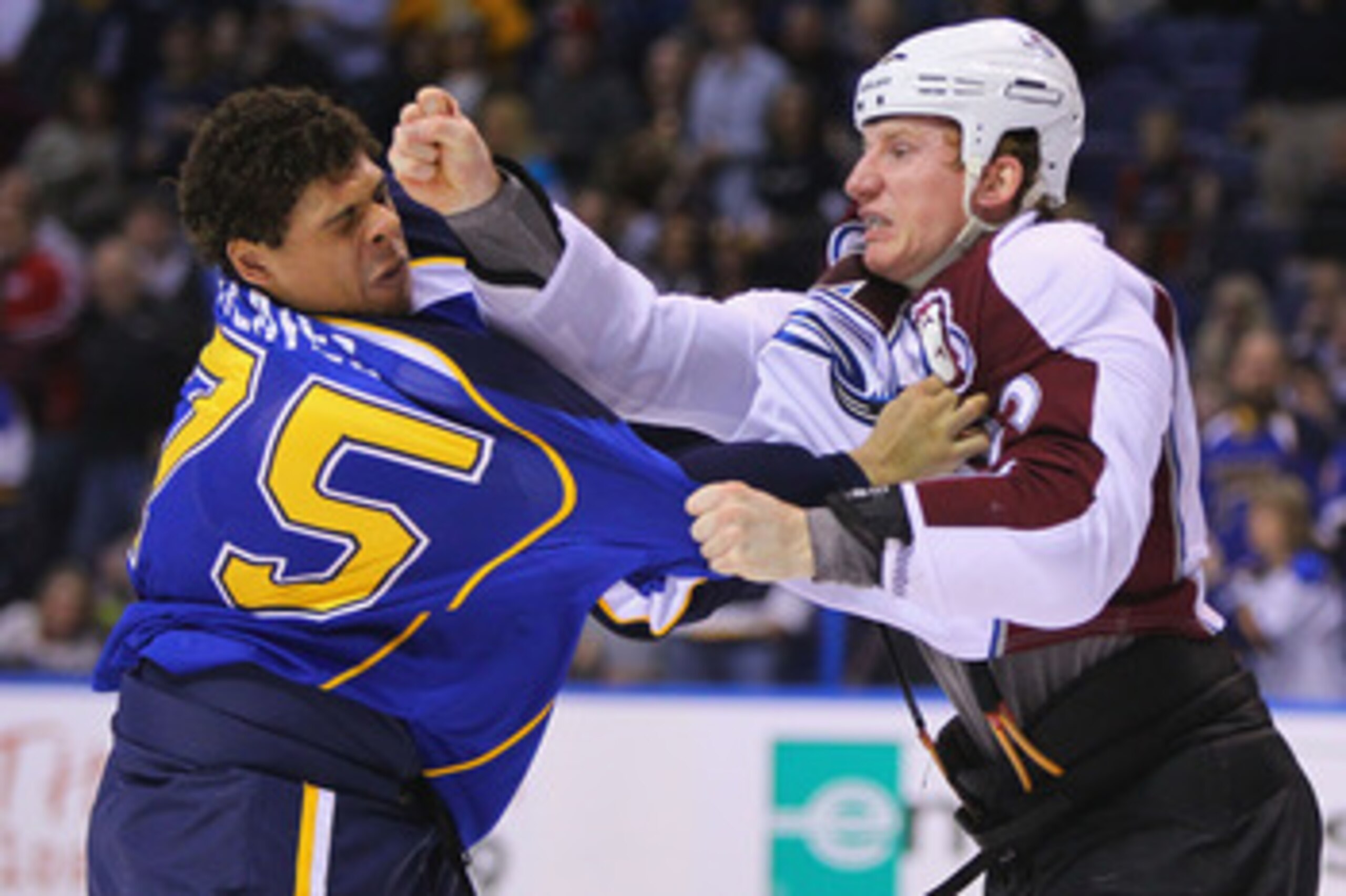 ST. LOUIS, MO - APRIL 5: Ryan Reaves #75 of the St. Louis Blues fights Cody McLeod #55 of the Colorado Avalanche at the Scottrade Center on April 5, 2011 in St. Louis, Missouri.  (Photo by Dilip Vishwanat/Getty Images)