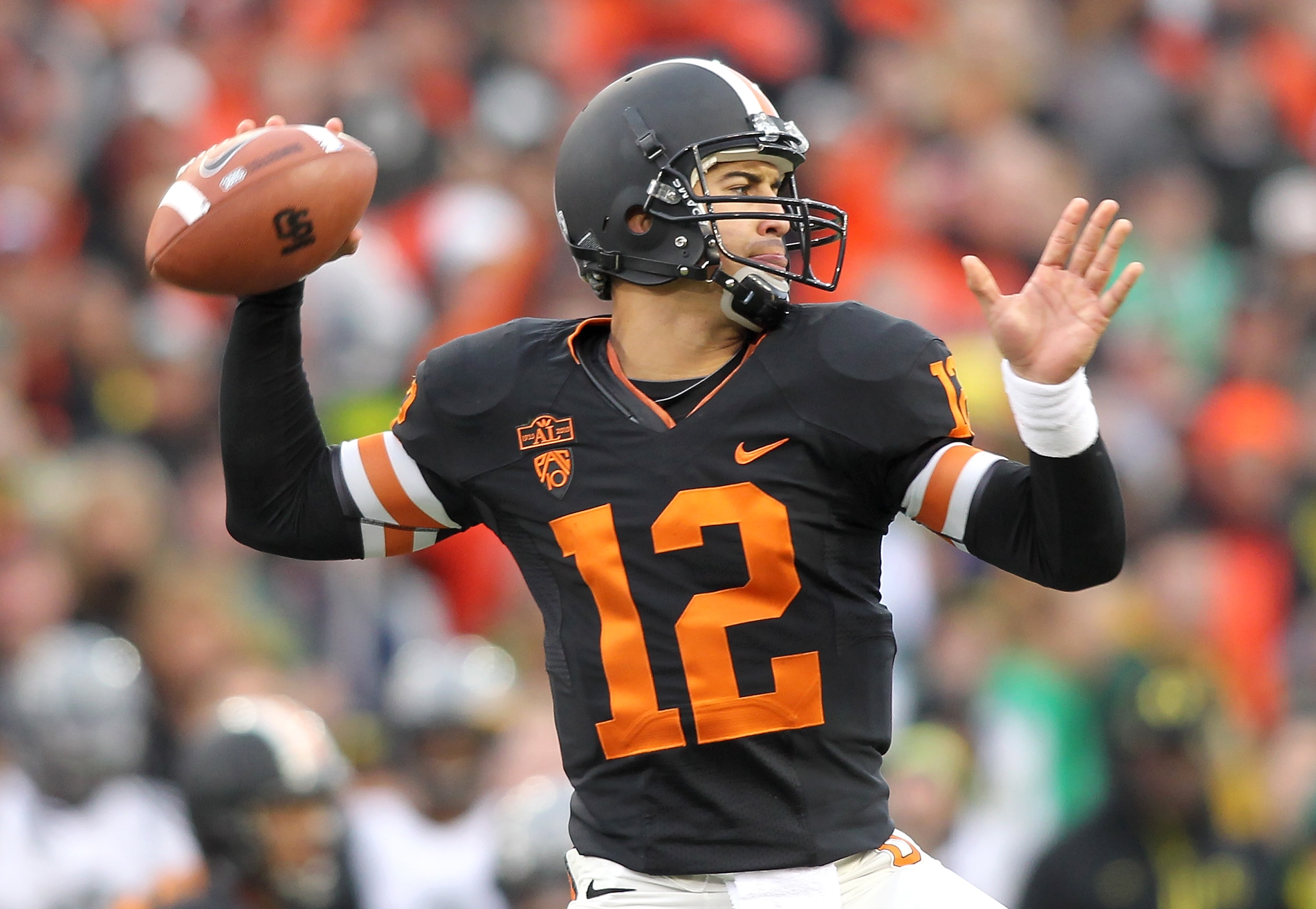 CORVALLIS, OR - DECEMBER 04:  Quarterback Ryan Katz #12 of the Oregon State Beavers throws a pass against the Oregon Ducks during the 114th Civil War on December 4, 2010 at the Reser Stadium in Corvallis, Oregon.  (Photo by Jonathan Ferrey/Getty Images)