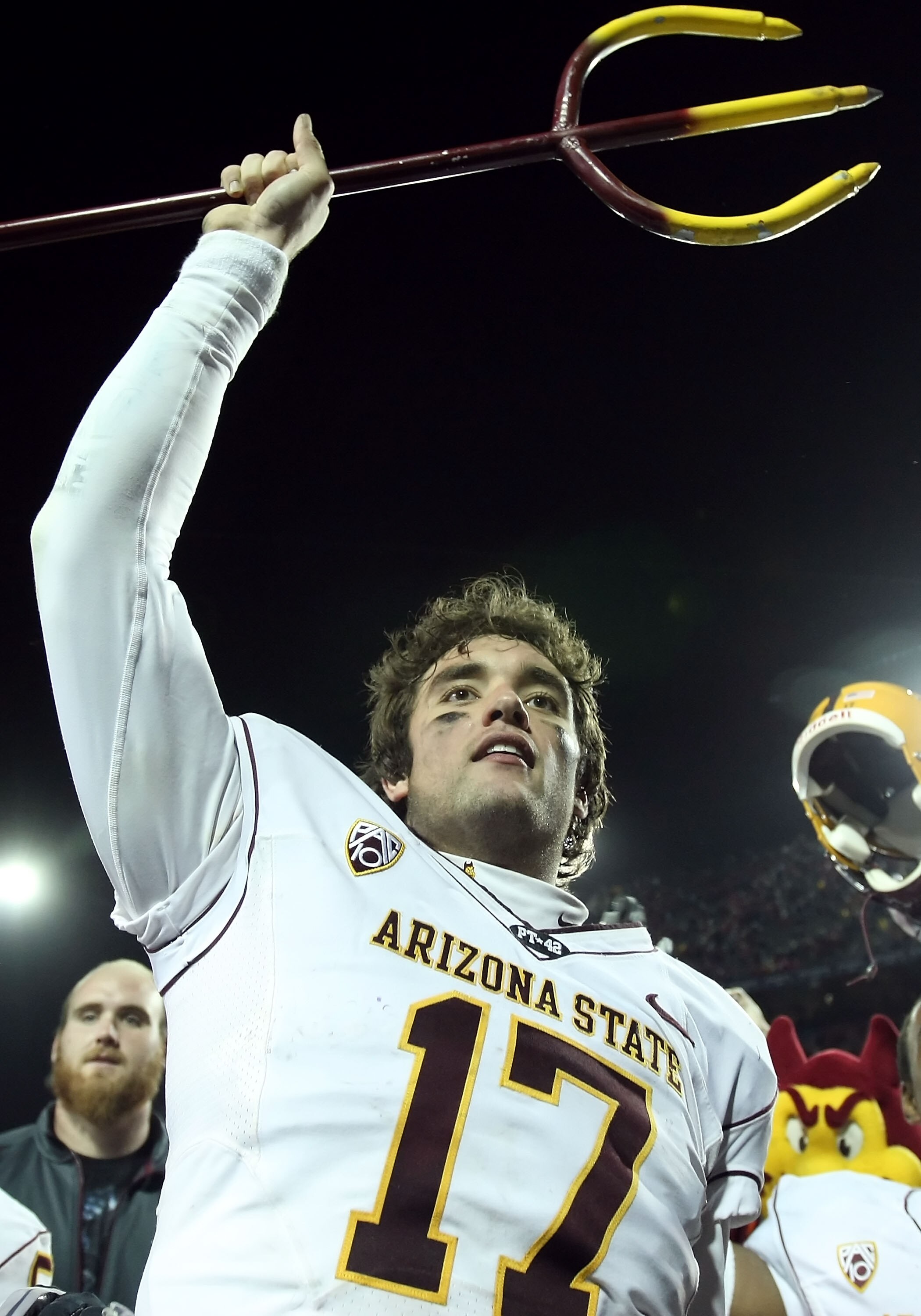 TUCSON, AZ - DECEMBER 02:  Quarterback Brock Osweiler #17 of the Arizona State Sun Devils celebrates after defeating the Arizona Wildcats in college football game at Arizona Stadium on December 2, 2010 in Tucson, Arizona. The Sun Devils defeated the Wildc