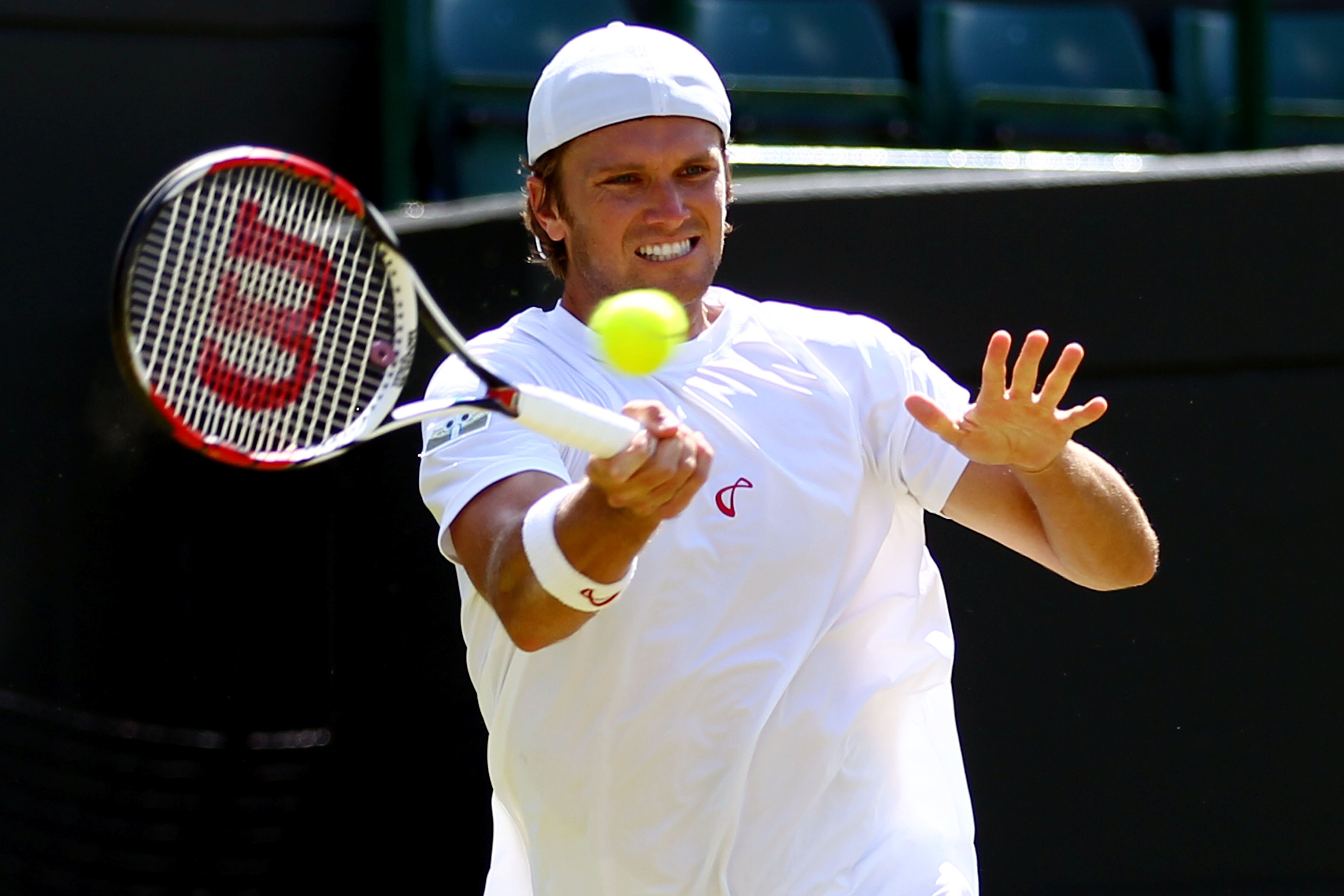 LONDON, ENGLAND - JUNE 22:  Robert Kendrick of USA in action during the first round match against Jo-Wilfried Tsonga of France on Day Two of the Wimbledon Lawn Tennis Championships at the All England Lawn Tennis and Croquet Club on June 22, 2010 in London