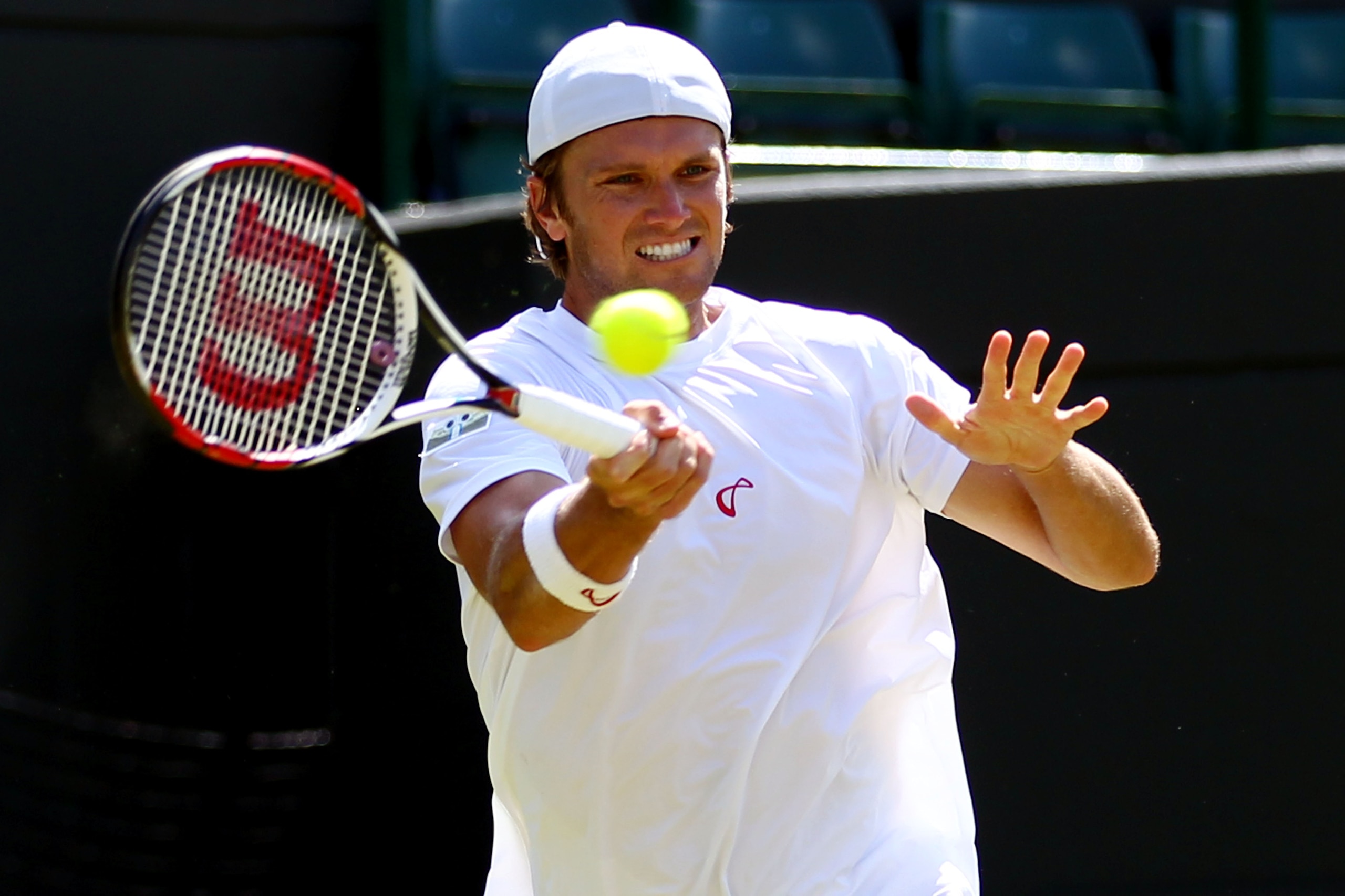 LONDON, ENGLAND - JUNE 22:  Robert Kendrick of USA in action during the first round match against Jo-Wilfried Tsonga of France on Day Two of the Wimbledon Lawn Tennis Championships at the All England Lawn Tennis and Croquet Club on June 22, 2010 in London
