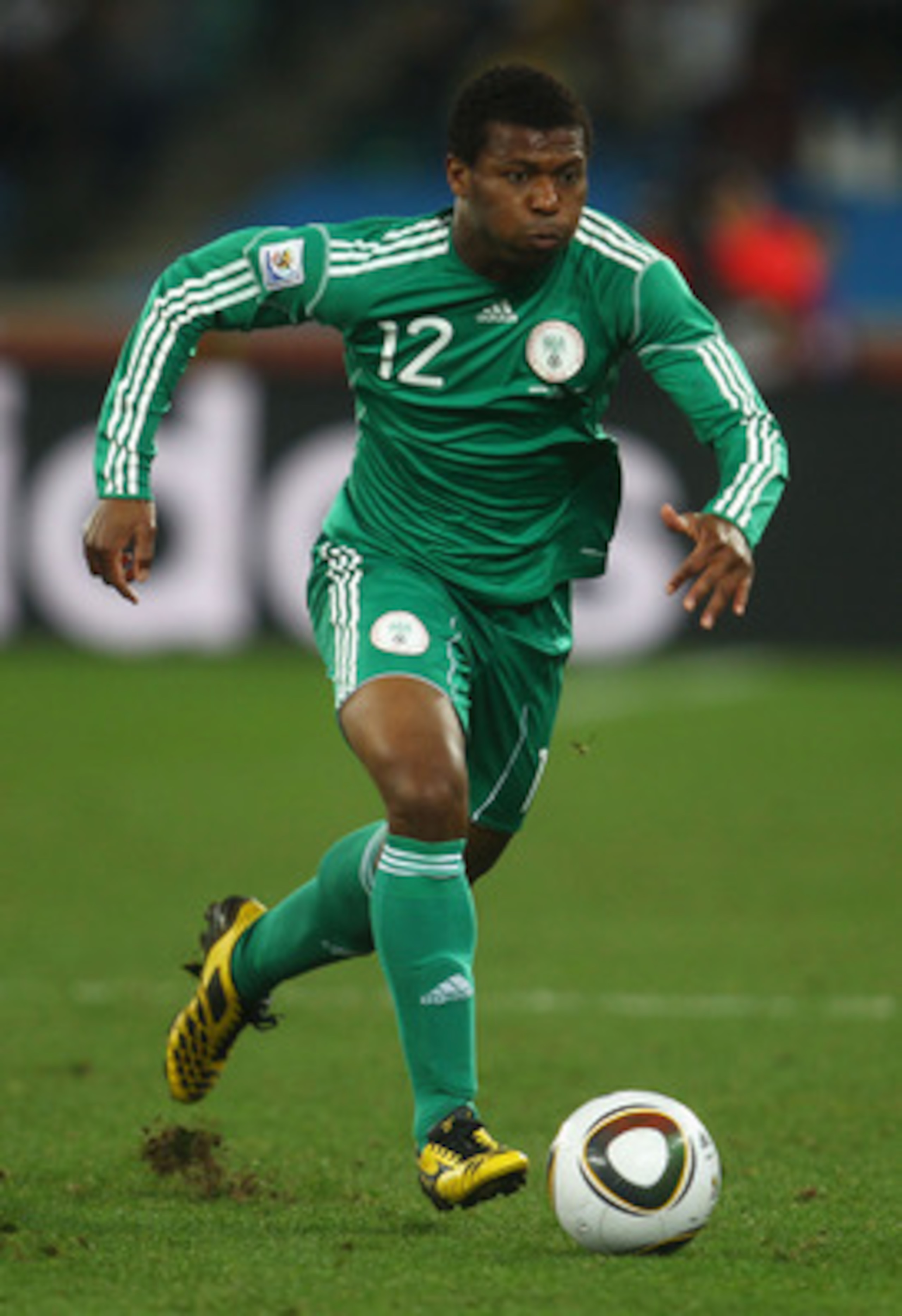 DURBAN, SOUTH AFRICA - JUNE 22:  Kalu Uche of Nigeria runs with the ball during the 2010 FIFA World Cup South Africa Group B match between Nigeria and South Korea at Durban Stadium on June 22, 2010 in Durban, South Africa.  (Photo by Lars Baron/Getty Imag