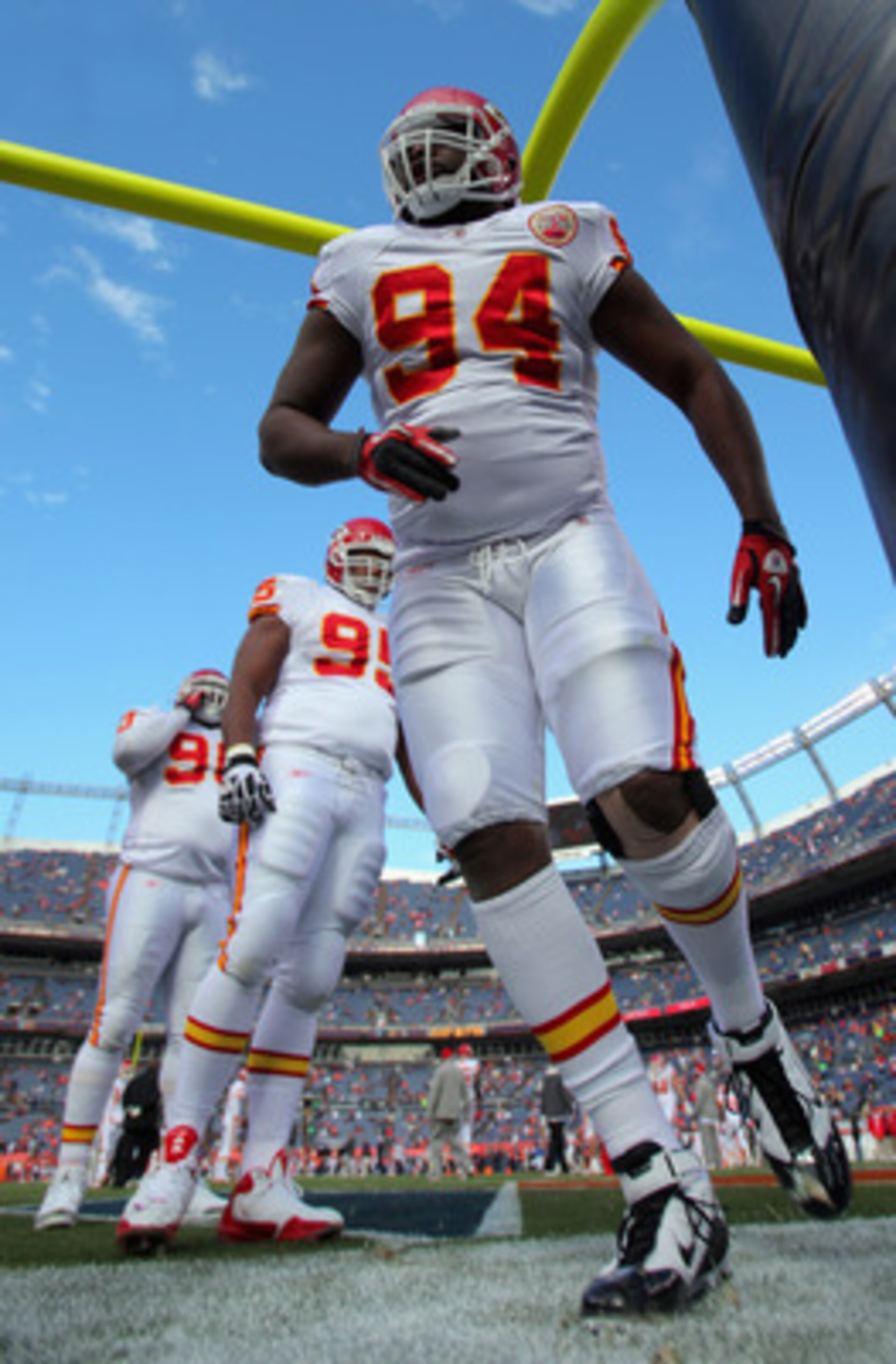 DENVER - NOVEMBER 14:  Defensive end Tyson Jackson #94 of the Kansas City Chiefs warms up prior to facing the Denver Bronco at INVESCO Field at Mile High on November 14, 2010 in Denver, Colorado. The Broncos defeated the Chiefs 49-29.  (Photo by Doug Pens
