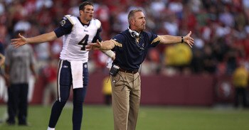 SAN FRANCISCO - NOVEMBER 14:  Head coach Steve Spagnuolo of the St. Louis Rams argues a pass interference call in overtime against the San Francisco 49ers during an NFL game at Candlestick Park on November 14, 2010 in San Francisco, California.  (Photo by