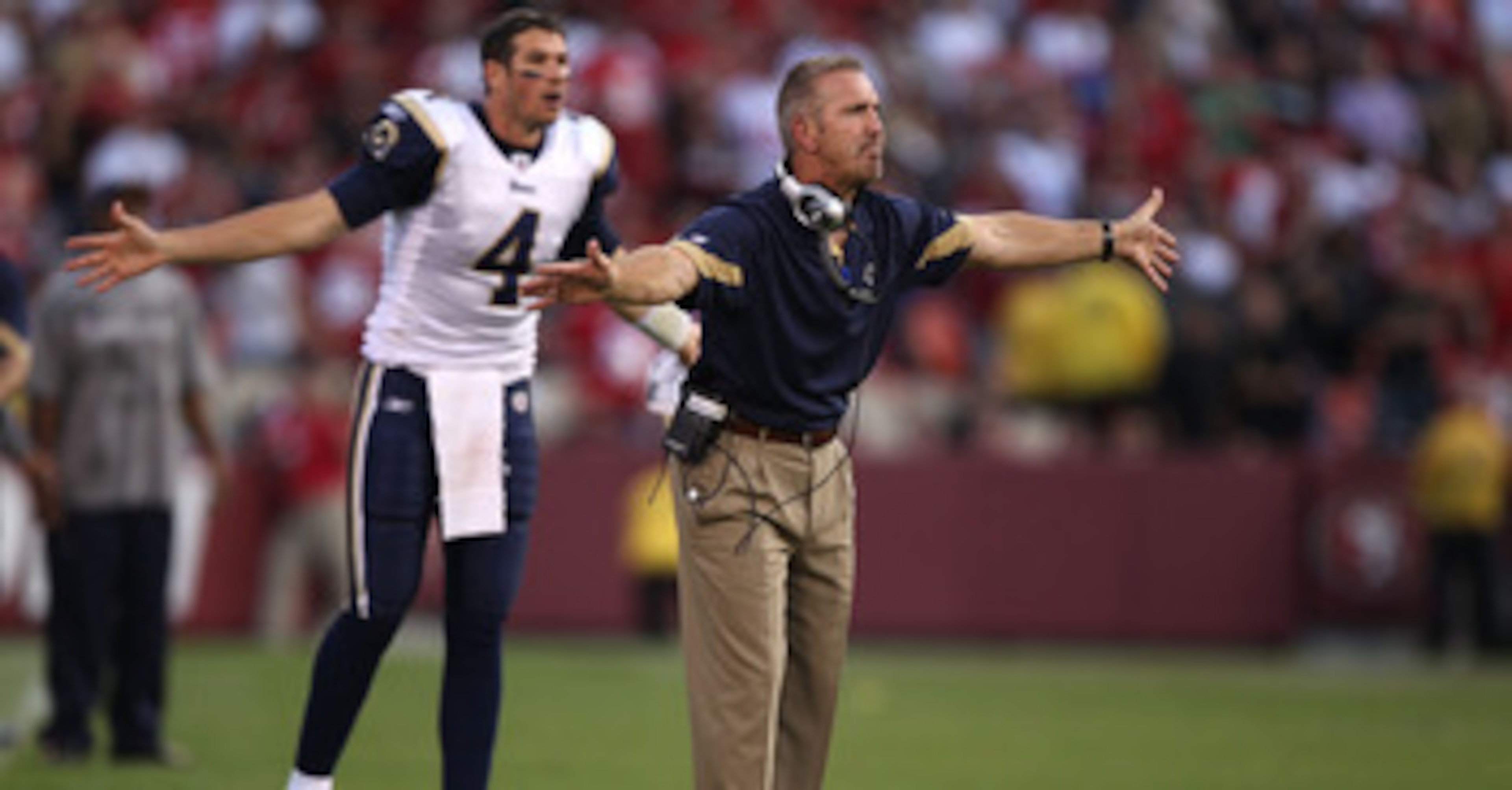 SAN FRANCISCO - NOVEMBER 14:  Head coach Steve Spagnuolo of the St. Louis Rams argues a pass interference call in overtime against the San Francisco 49ers during an NFL game at Candlestick Park on November 14, 2010 in San Francisco, California.  (Photo by