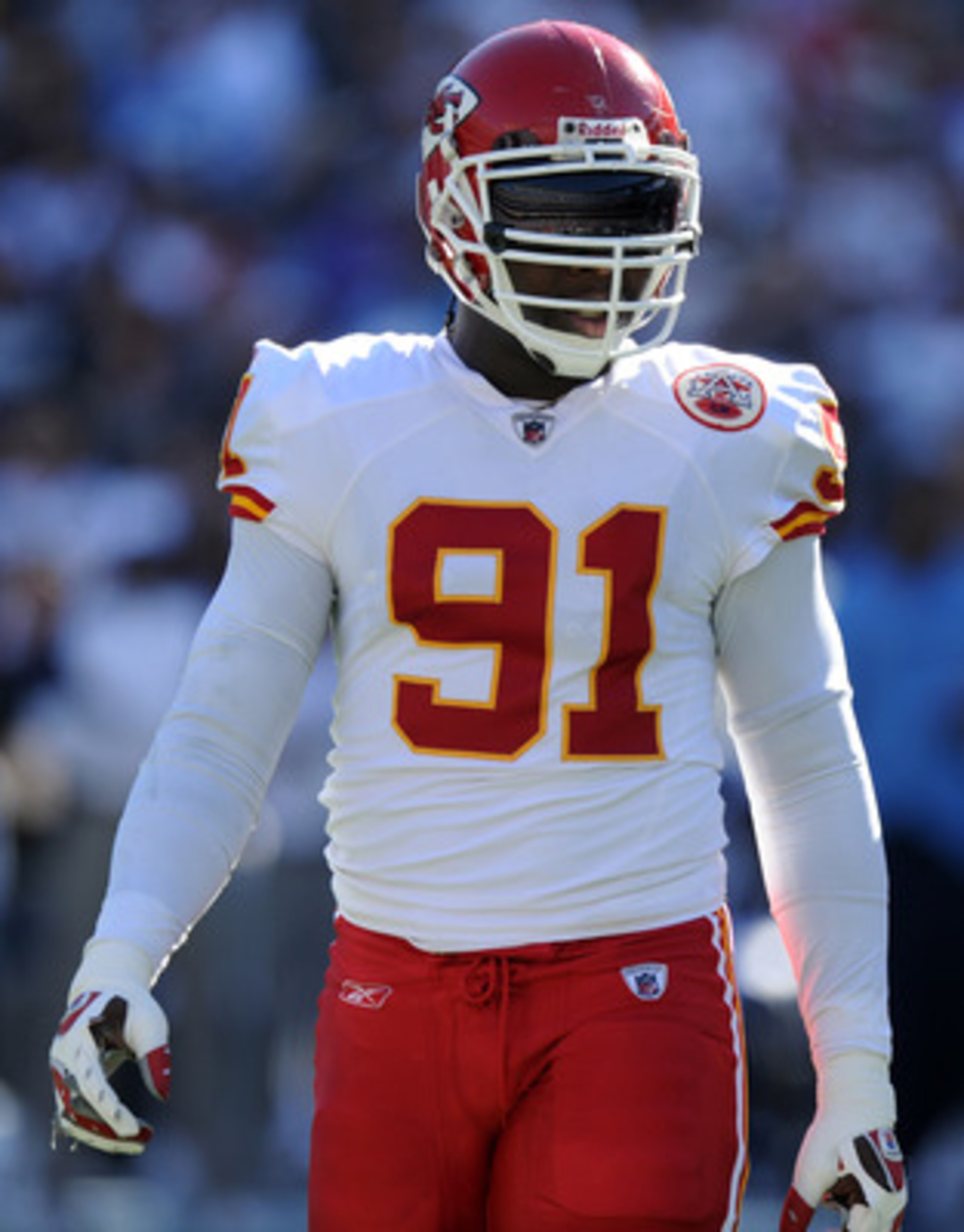 SAN DIEGO, CA - DECEMBER 12:  Tamba Hali #91 of the Kansas City Chiefs waits at the line of scrimmage against the San Diego Chargers at Qualcomm Stadium on December 12, 2010 in San Diego, California.  (Photo by Harry How/Getty Images)