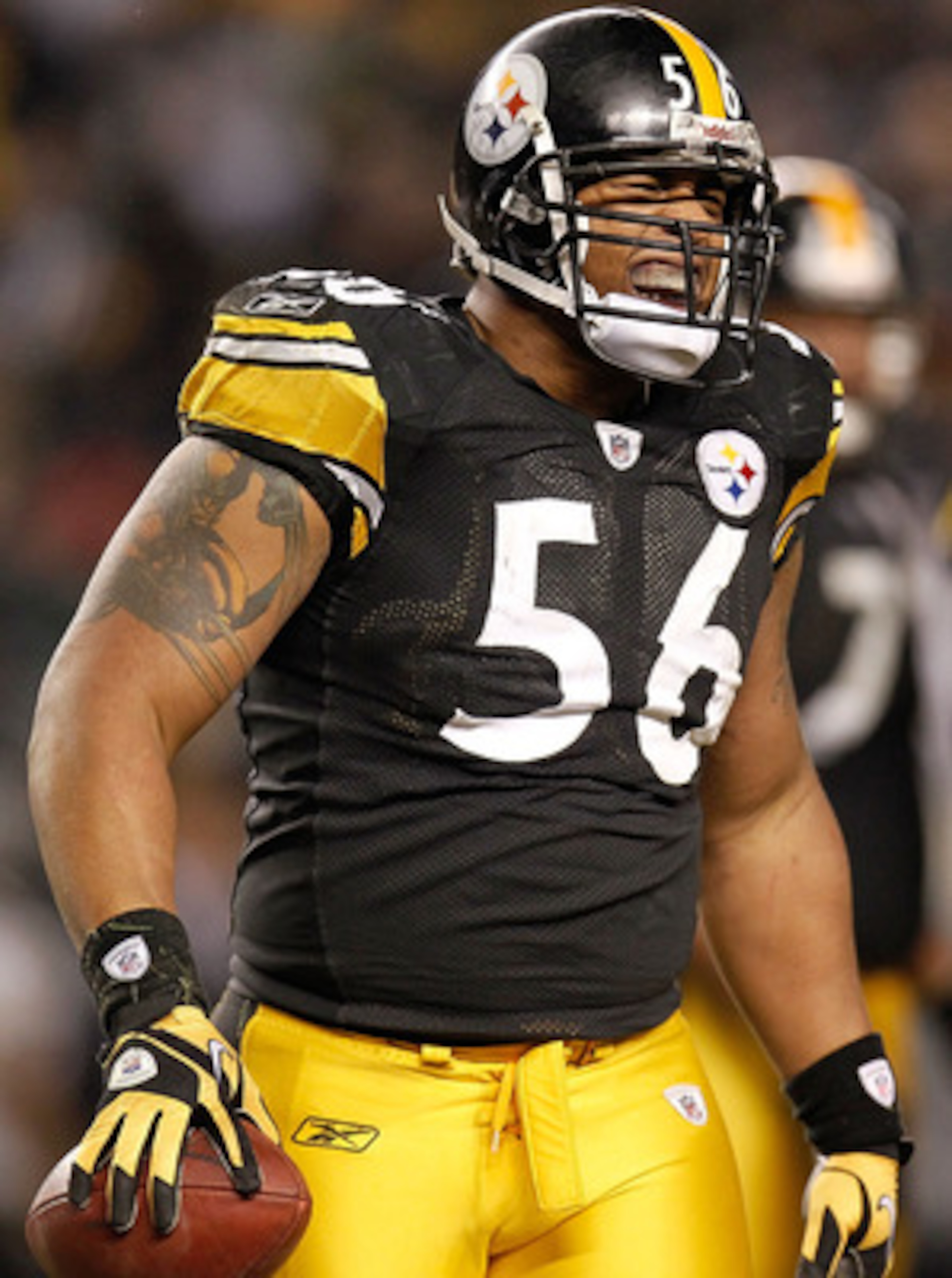 PITTSBURGH, PA - JANUARY 15:  Linebacker LaMarr Woodley #56 of the Pittsburgh Steelers reacts after recovering a fumble by the Baltimore Ravens in the third quarter of the AFC Divisional Playoff Game at Heinz Field on January 15, 2011 in Pittsburgh, Penns