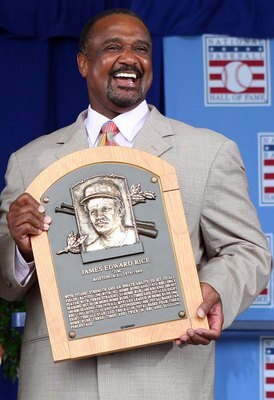 COOPERSTOWN, NY - JULY 26:  2009 inductee Jim Rice holds his plaque at Clark Sports Center after his induction into the Baseball Hall of Fame during the Baseball Hall of Fame induction ceremony on July 26, 2009 in Cooperstown, New York. Rice played his en