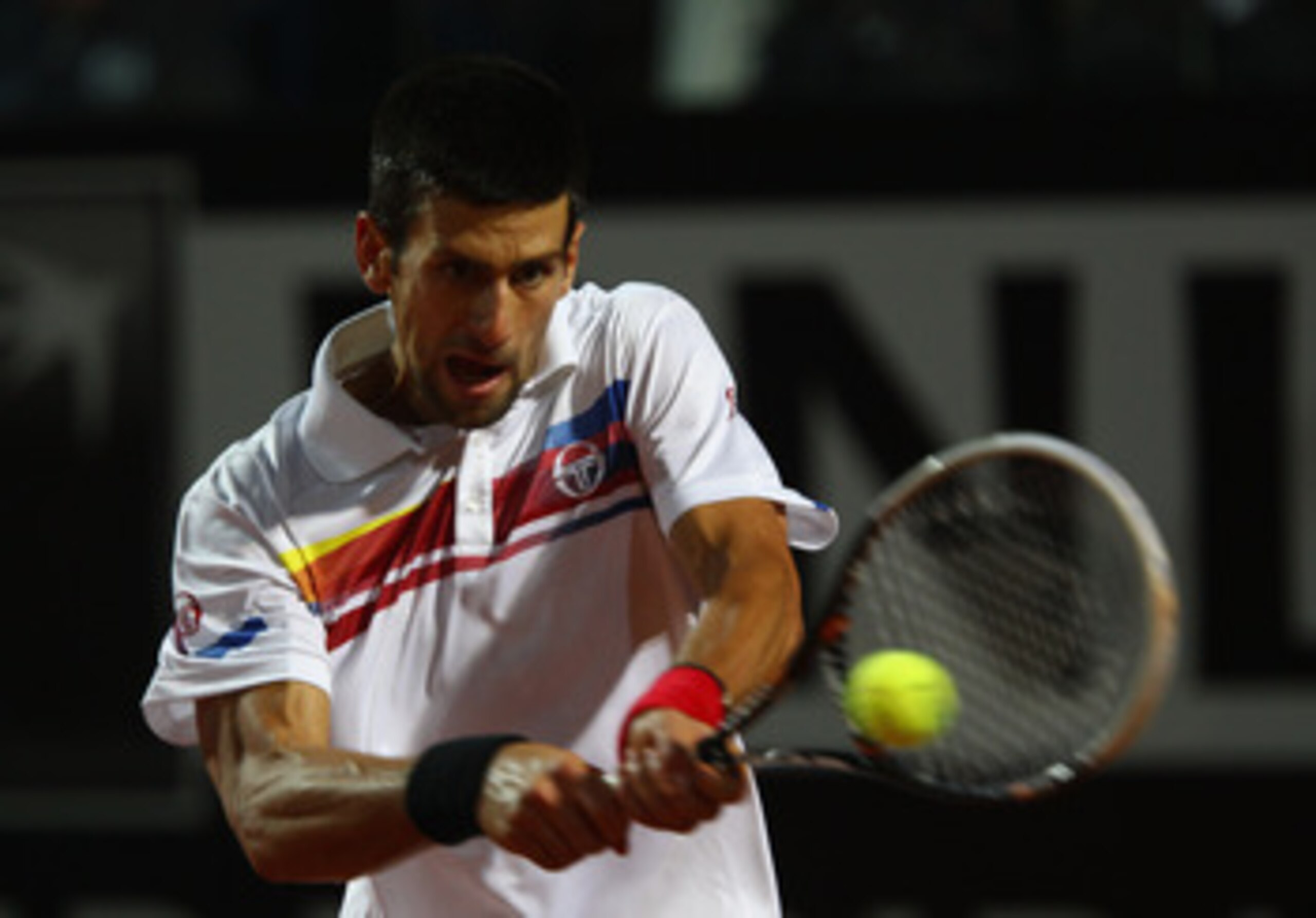 ROME, ITALY - MAY 15: Novak Djokovic of Serbia in action during the final against Rafael Nadal of Spain during day eight of the Internazoinali BNL D'Italia at the Foro Italico Tennis Centre on May 15, 2011 in Rome, Italy. (Photo by Clive Brunskill/Getty ROME, ITALY - MAY 15: Novak Djokovic of Serbia in action during the final against Rafael Nadal of Spain during day eight of the Internazoinali BNL D'Italia at the Foro Italico Tennis Centre on May 15, 2011 in Rome, Italy. (Photo by Clive Brunskill/Getty