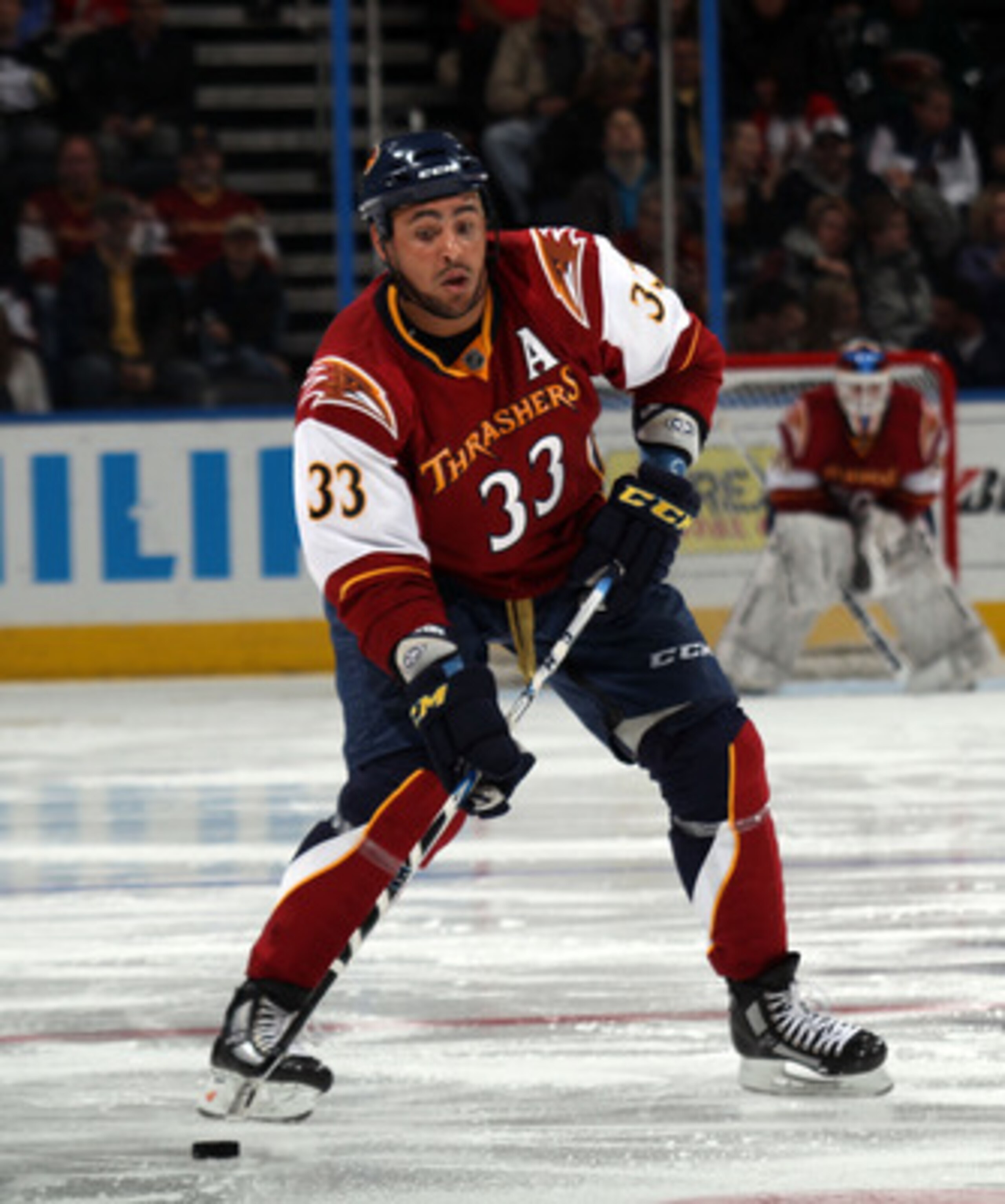 ATLANTA, GA - MARCH 25:  Dustin Byfuglien #33 of the Atlanta Thrashers skates against the Vancouver Canucks at the Philips Arena on March 25, 2011 in Atlanta, Georgia.  (Photo by Bruce Bennett/Getty Images)