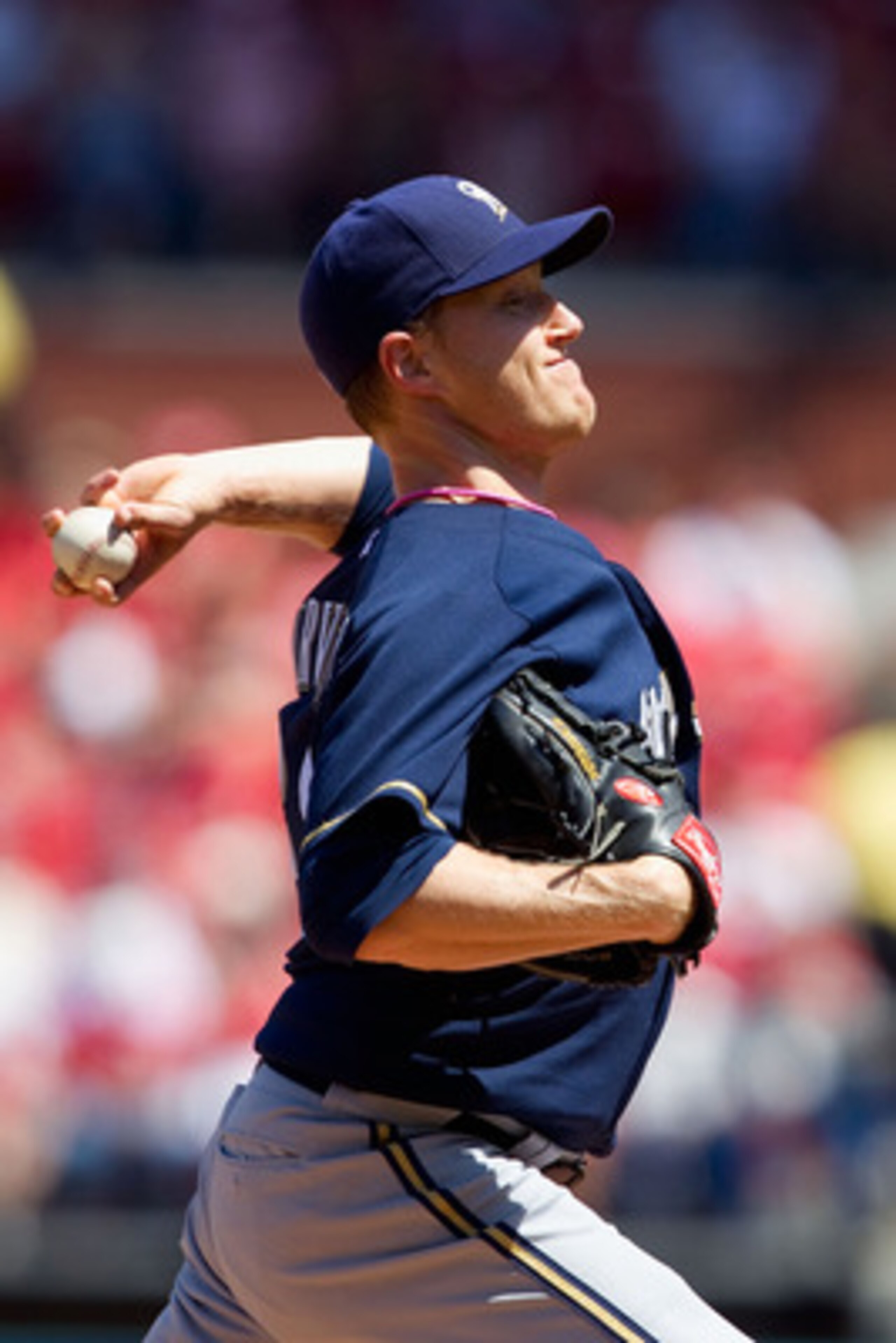 ST. LOUIS, MO - MAY 8: Starter Chris Narveson #38 of the Milwaukee Brewers pitches against the St. Louis Cardinals at Busch Stadium on May 8, 2011 in St. Louis, Missouri.  (Photo by Dilip Vishwanat/Getty Images)