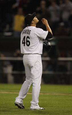CHICAGO, IL - MAY 17: Sergio Santos #46 of the Chicago White Sox looks to the sky after a win against the Texas Rangers at U.S. Cellular Field on May 17, 2011 in Chicago, Illinois. The White Sox defeated the Rangers 4-3. (Photo by Jonathan Daniel/Getty Im