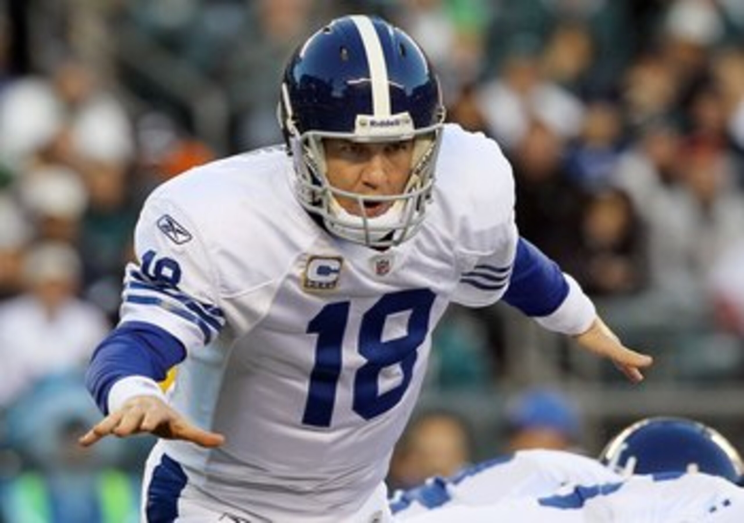 PHILADELPHIA - NOVEMBER 07:  Peyton Manning #18 of the Indianapolis Colts in action against the Philadelphia Eagles on November 7, 2010 at Lincoln Financial Field in Philadelphia, Pennsylvania. The Eagles defeated the Colts 26-24.  (Photo by Jim McIsaac/G